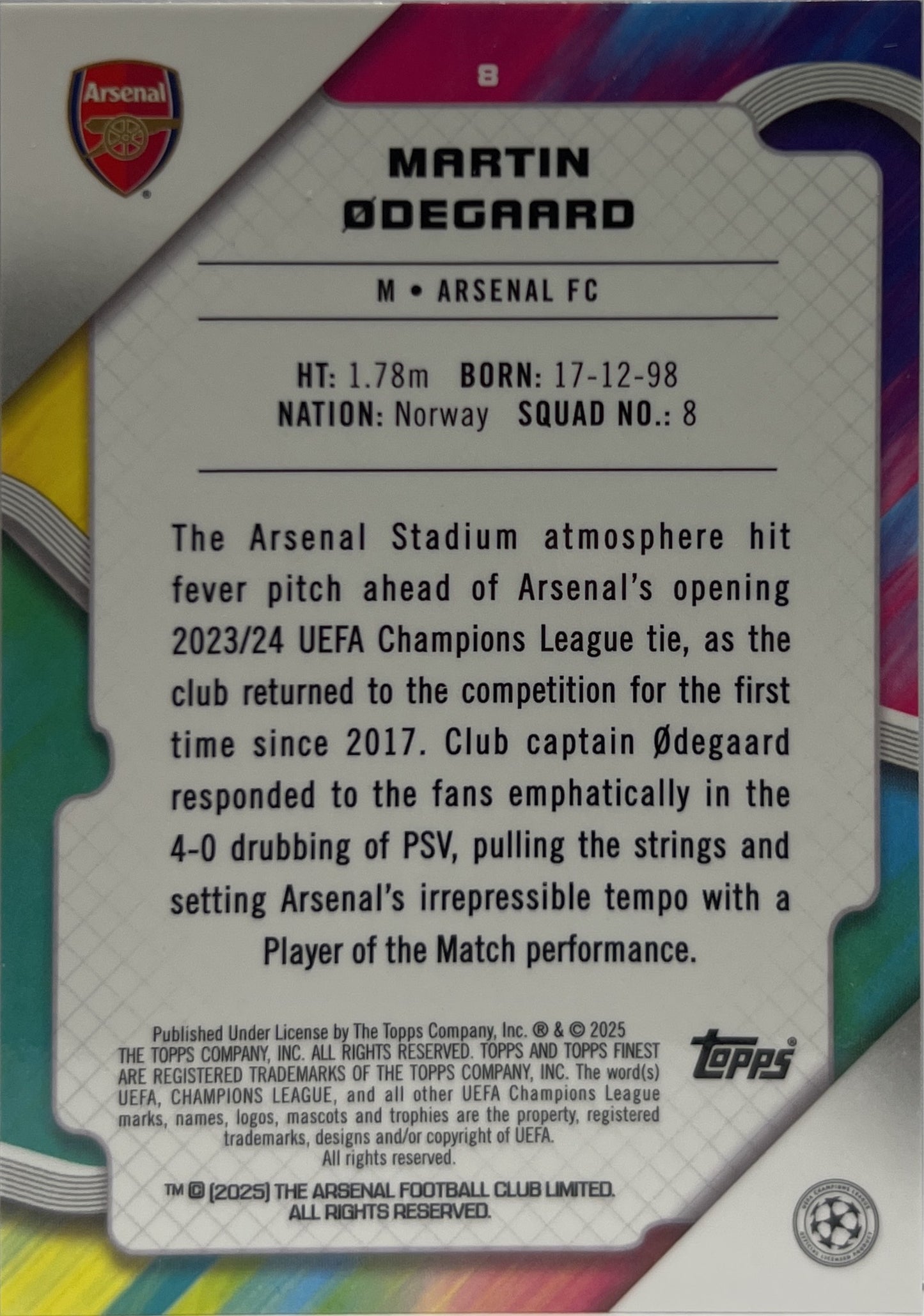 Martin Odegaard 24/125 Pink Prism Topps Finest UCC 2024/25