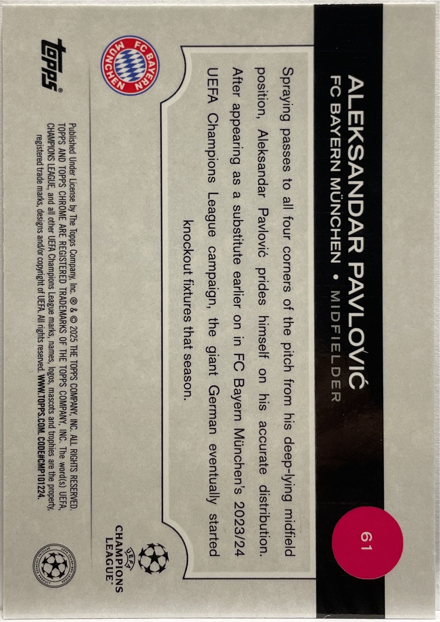 Aleksandar Pavlovic 129//225 Future Stars Night Vision RayWave Topps Chrome UCC 2024/25