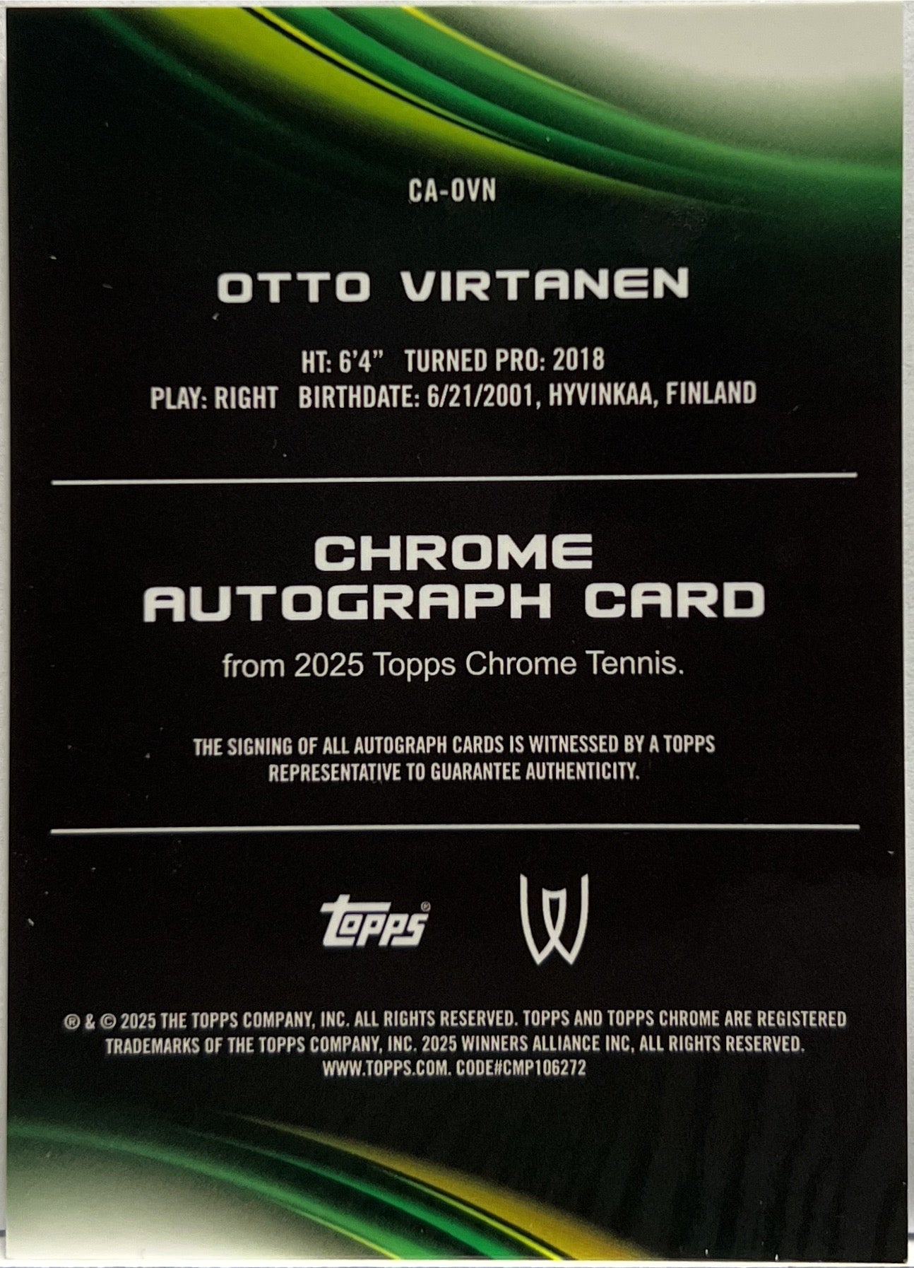Otto Virtanen Autograph Topps Chrome Tennis 2025