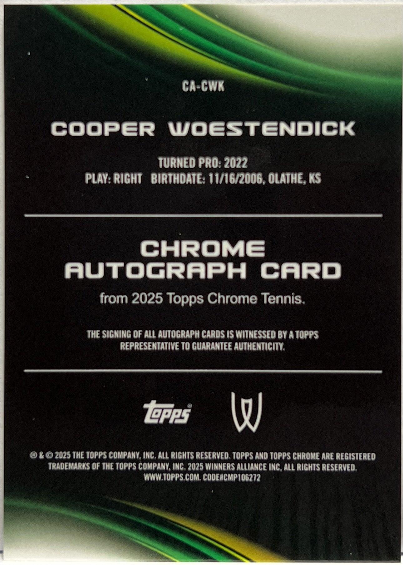 Cooper Woestendick Rookie Autograph Topps Chrome Tennis 2025