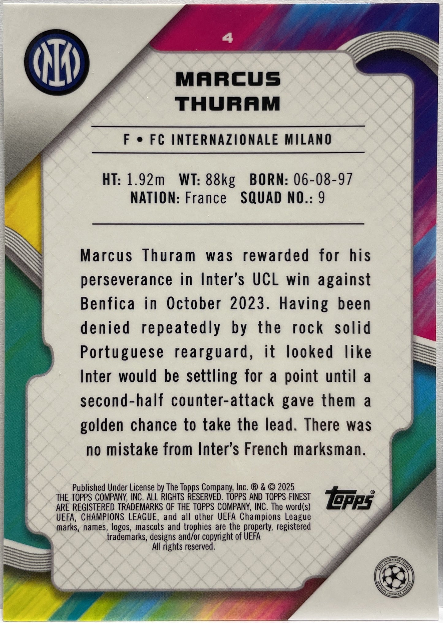 Marcus Thuram 186/199 Purple Lava Topps Finest UCC 2024/25