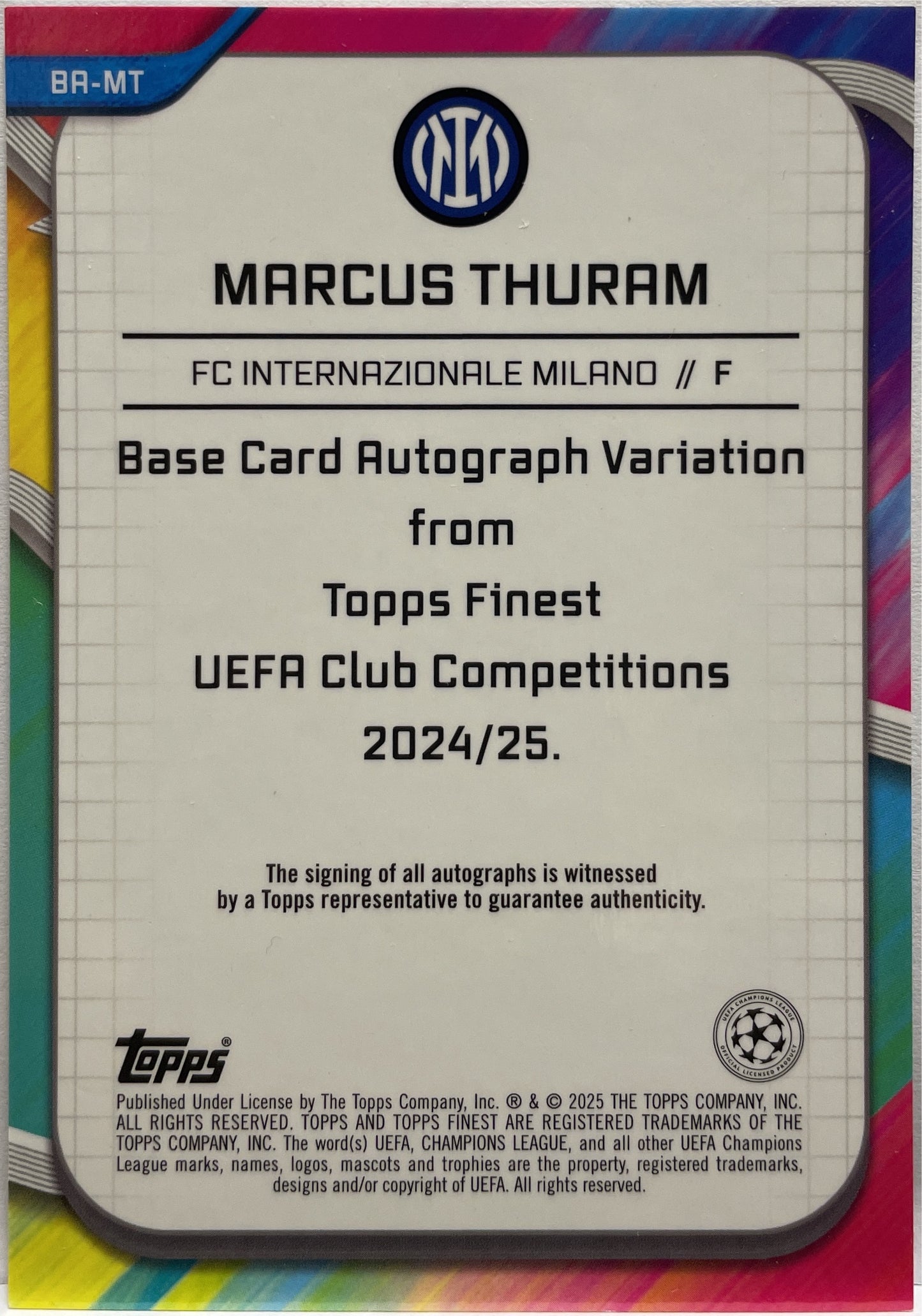 Marcus Thuram 8/75 Autograph Magenta Wave Topps Finest UCC 2024/25