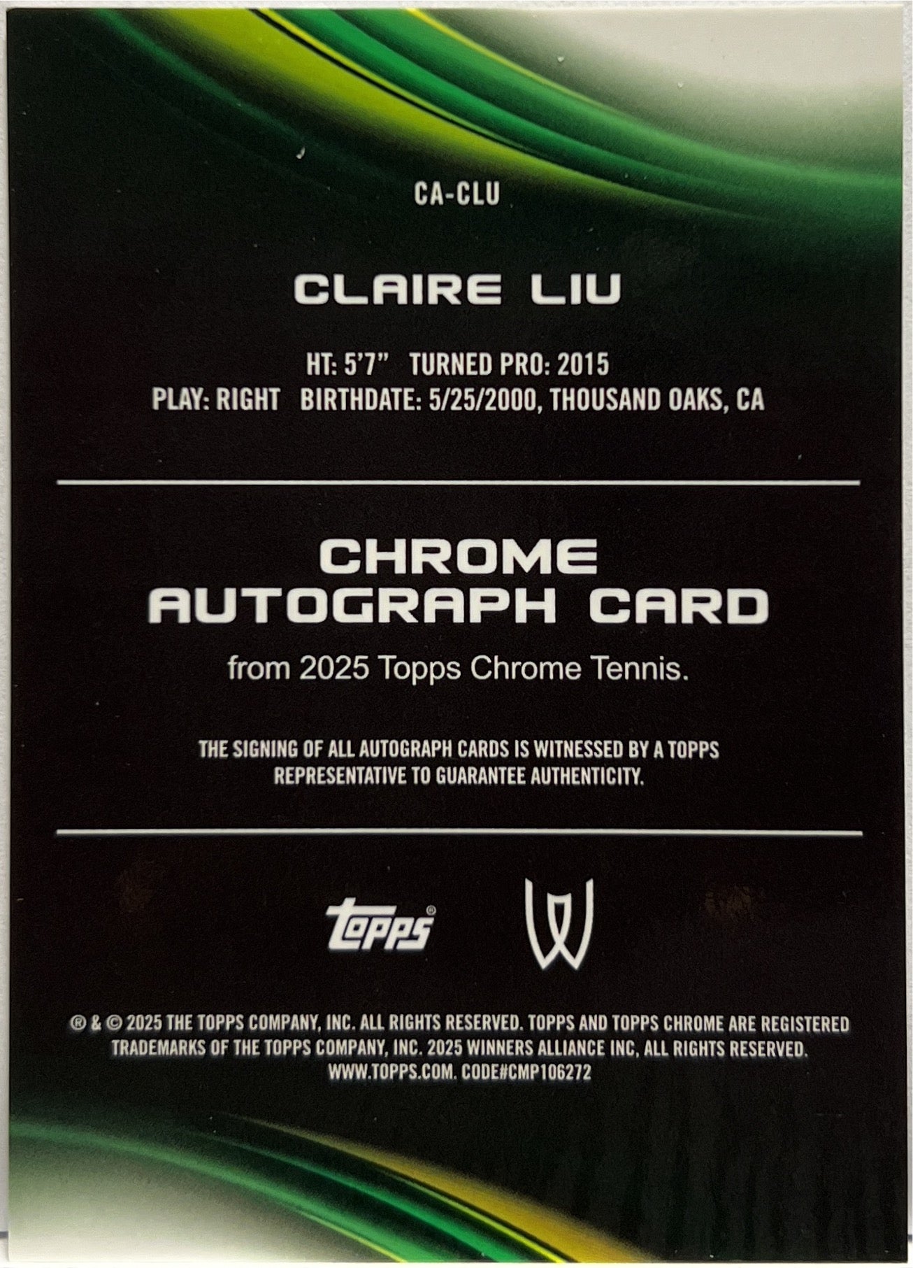 Claire Liu Autograph Topps Chrome Tennis 2025