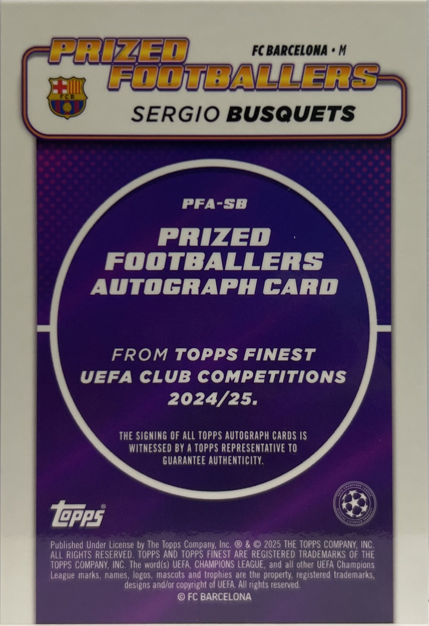 Sergio Busquets Autograph Prized Footballers Topps Finest UCC 2024/25