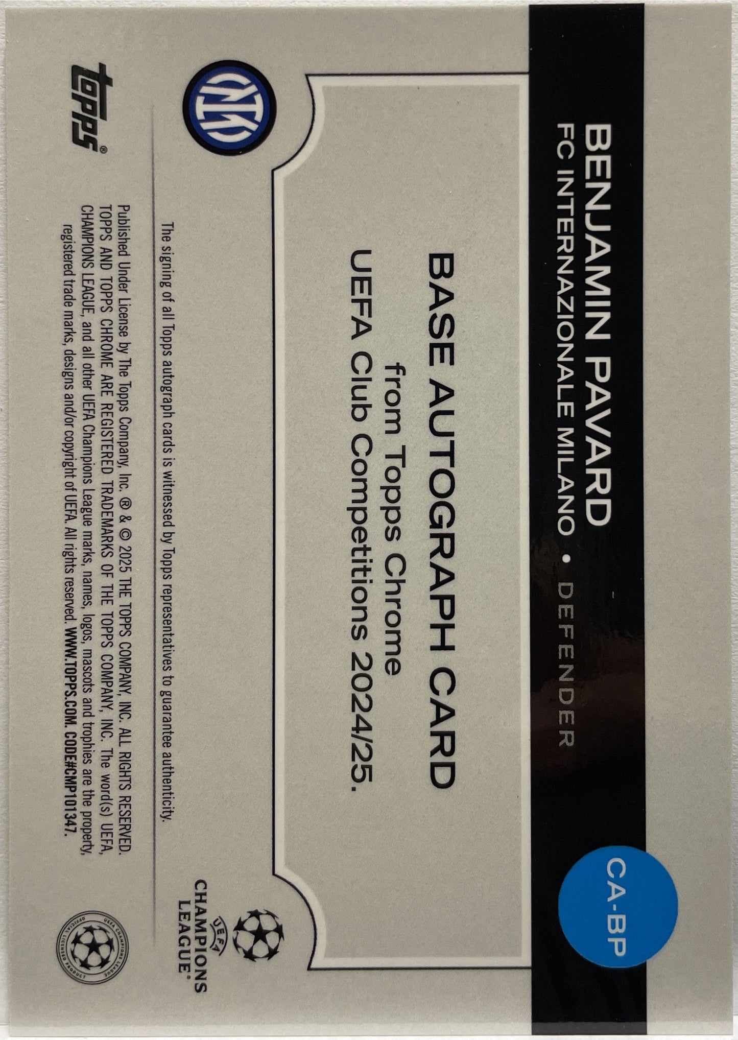 Benjamin Pavard 17/99 Autograph Green Topps Chrome UCC 2024/25