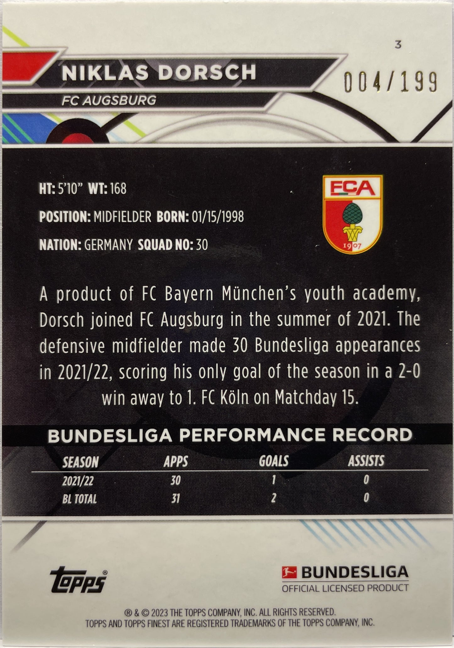 Niklas Dorsch 4/199 Black Wave Topps Finest Bundesliga 2022/23