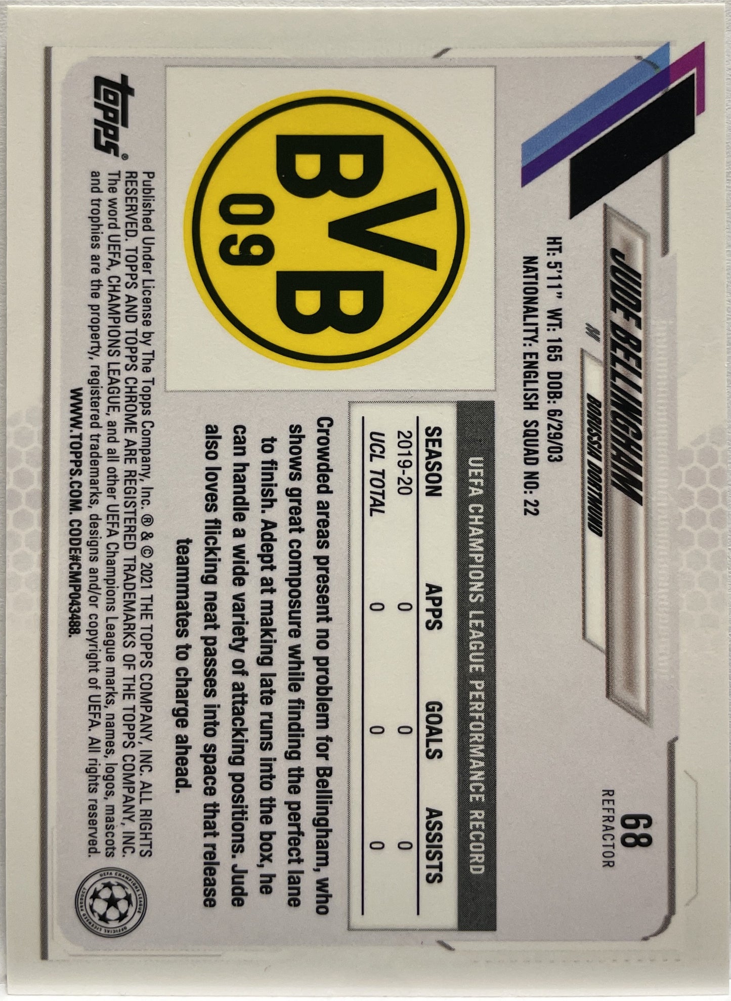 Jude Bellingham Rookie Refractor Topps Chrome UCL 2020/21