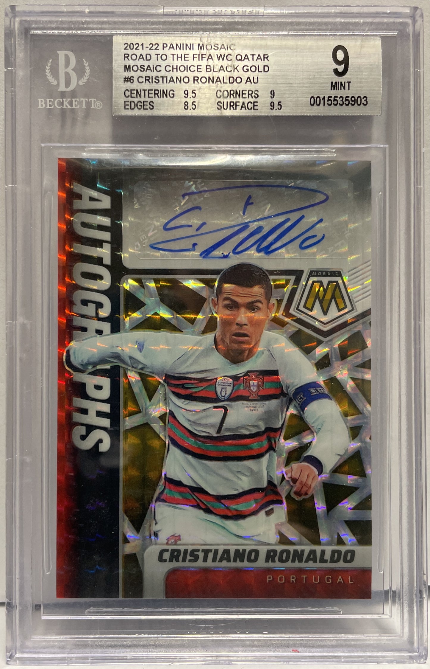 Cristiano Ronaldo 1/1 Autograph Choice Black Gold Panini Mosaic Road To Uefa World Cup 2021/22 Beckett 9
