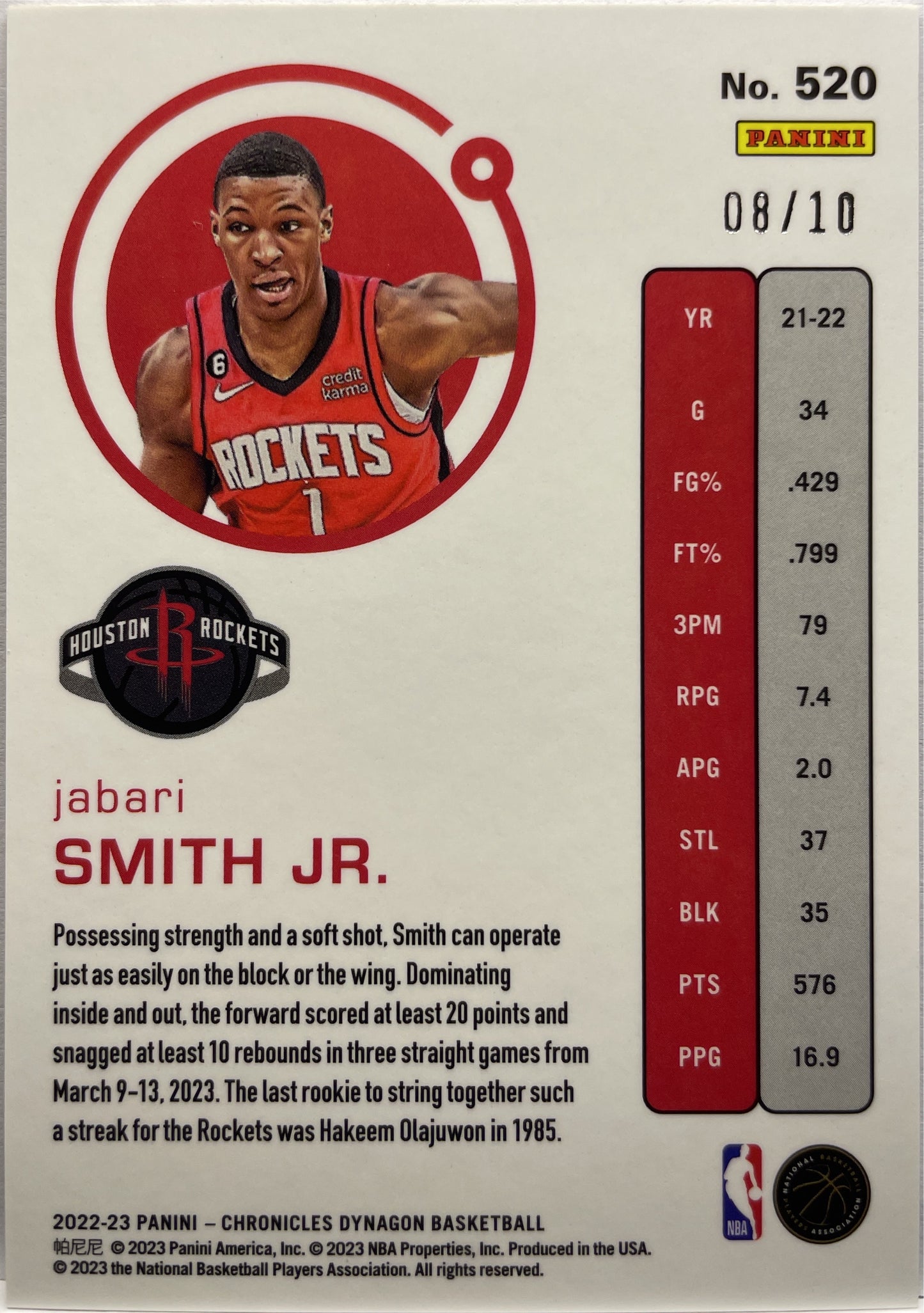 Jabari Smith Jr 8/10 Rookie Chronicles Basketball NBA 2022/23