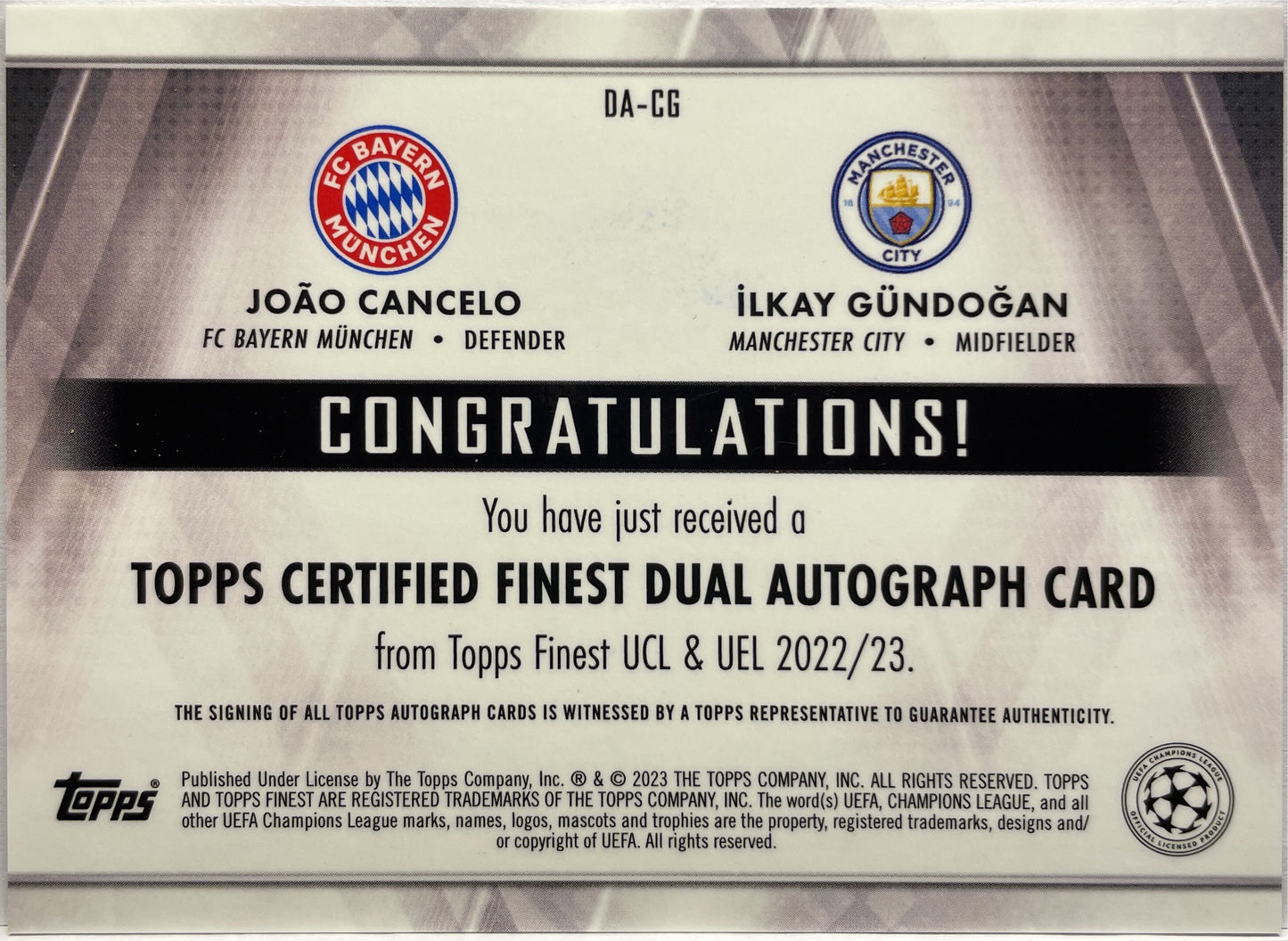 Cancelo & Gundogan 9/50 Dual Autograph Gold Topps FInest UCC 2022/23