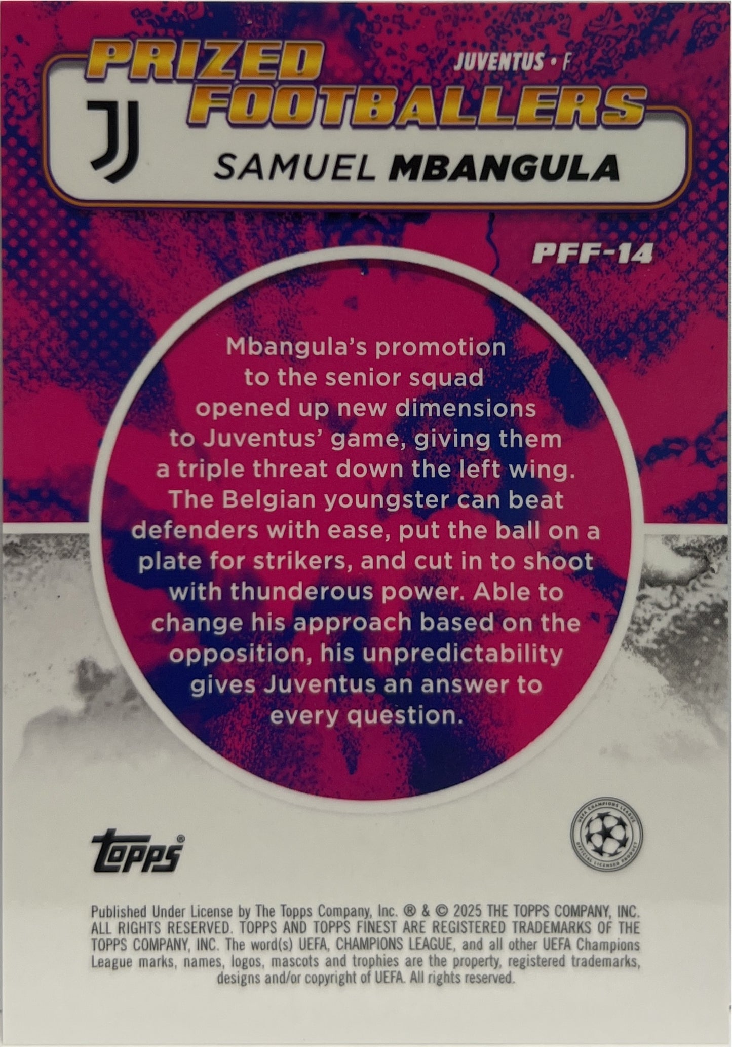 Samuel Mbangula Rookie Prized Footballers Fusion Variation Blue Gold Topps Finest UCC 2024/25