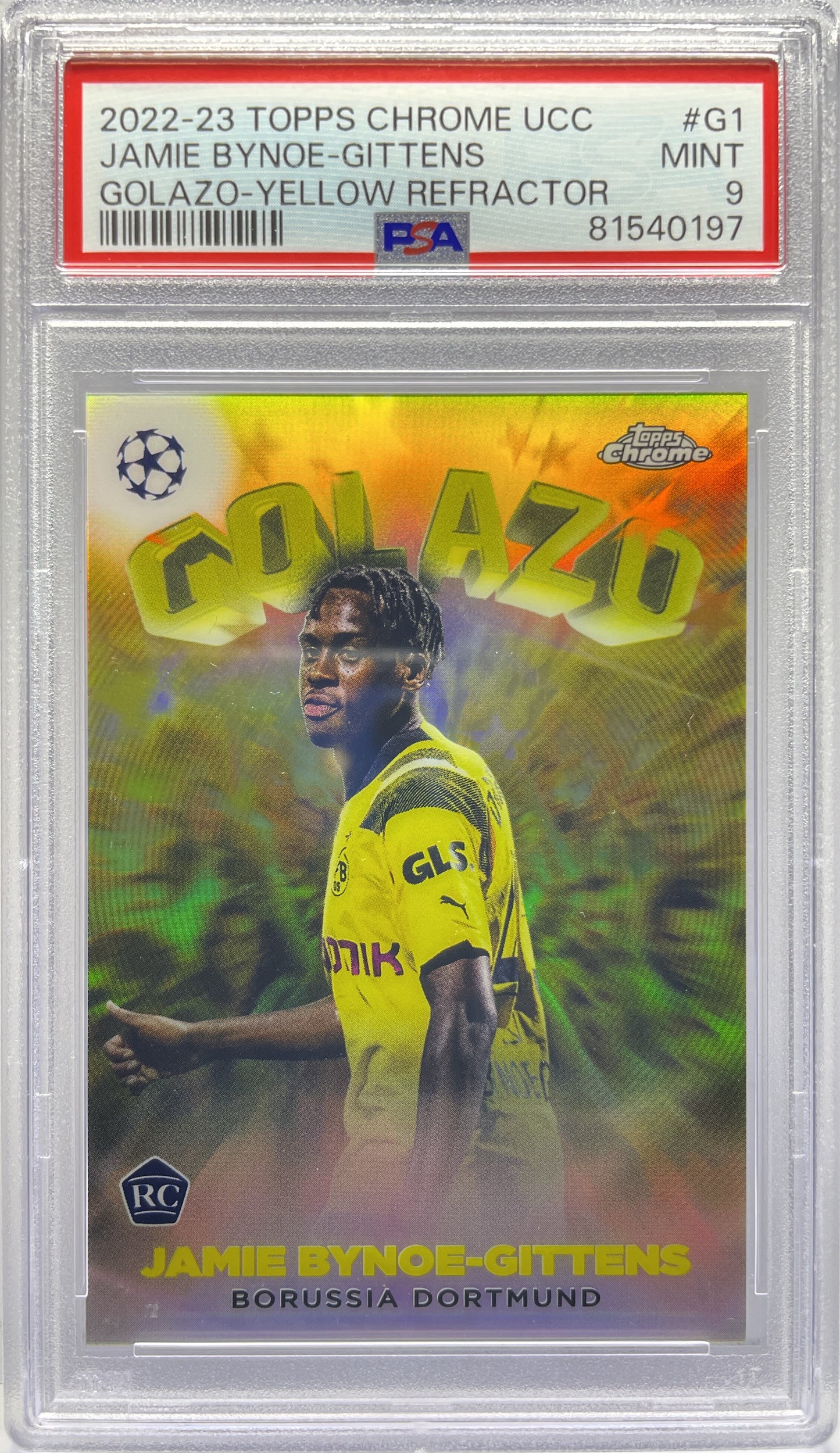 PSA 9 - Jamie Bynoe-Gittens 64/125 Rookie Golazo Yellow- Topps Chrome UCC 2022/23