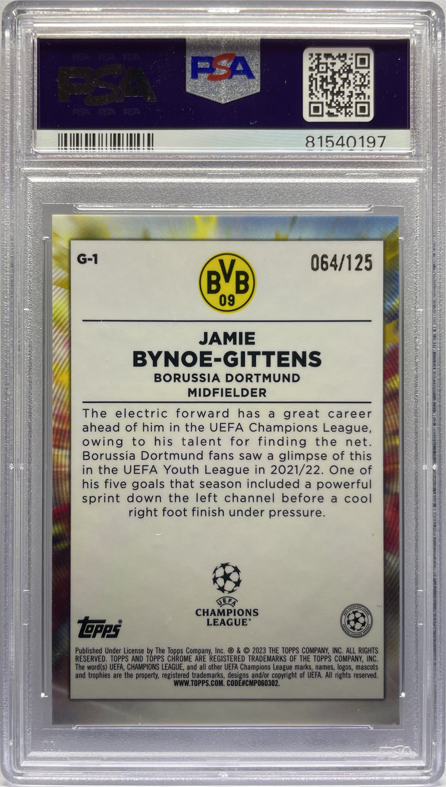 PSA 9 - Jamie Bynoe-Gittens 64/125 Rookie Golazo Yellow- Topps Chrome UCC 2022/23