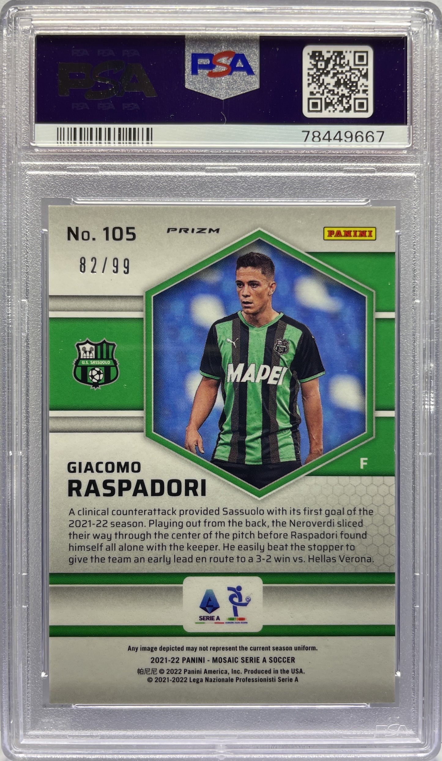 PSA 10 - Giacomo Raspadori 82/99 Rookie Blue - Mosaic Serie A 2021/22