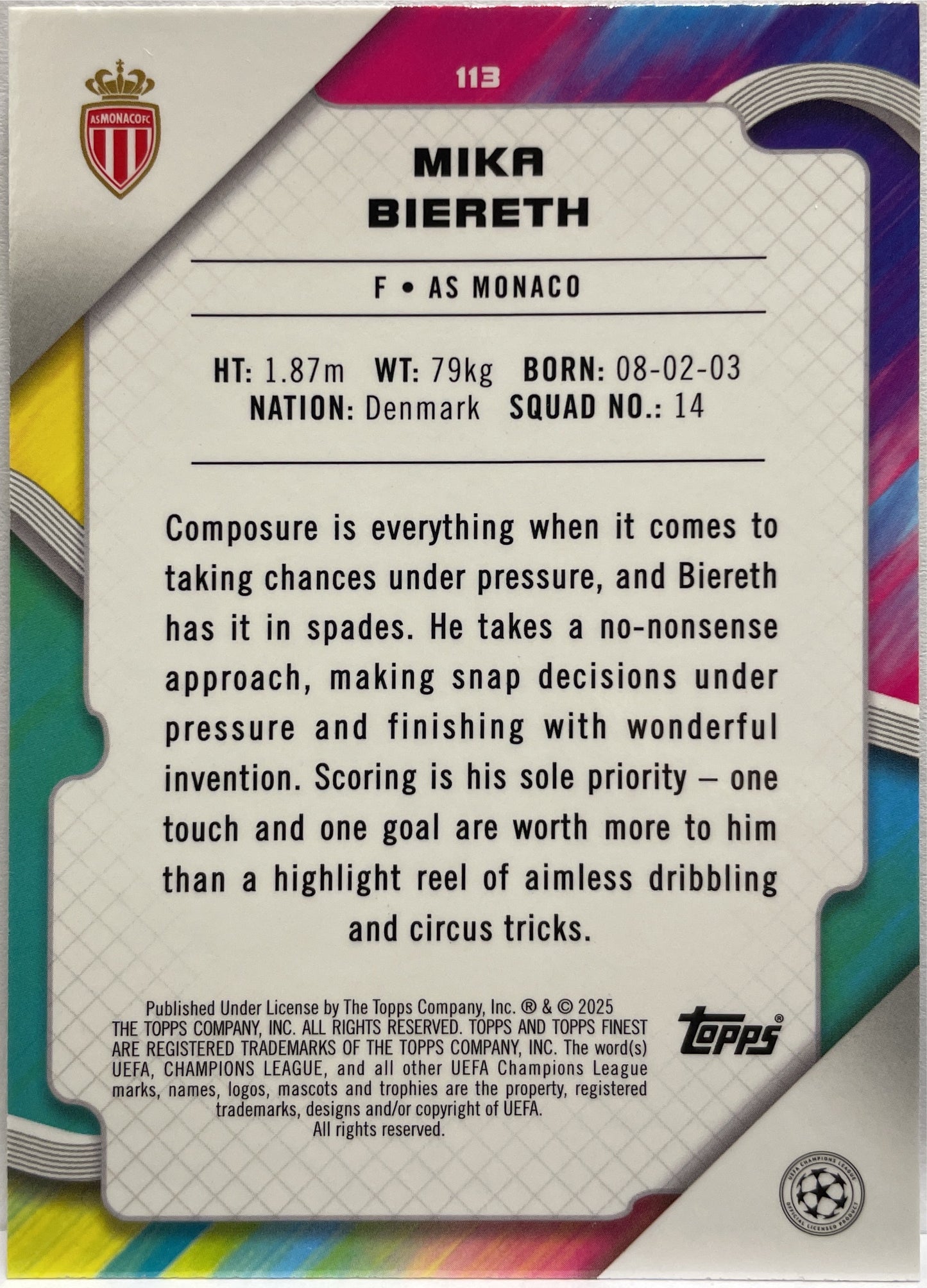Mika Biereth 205/275 Rookie Sky Blue Topps Finest UCC 2024/25