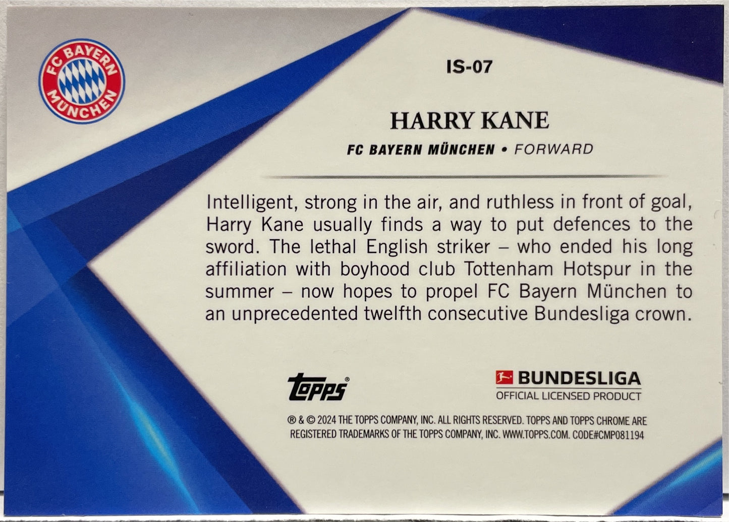 Harry Kane Infinite Topps Chrome Sapphire Bundesliga 2023/24