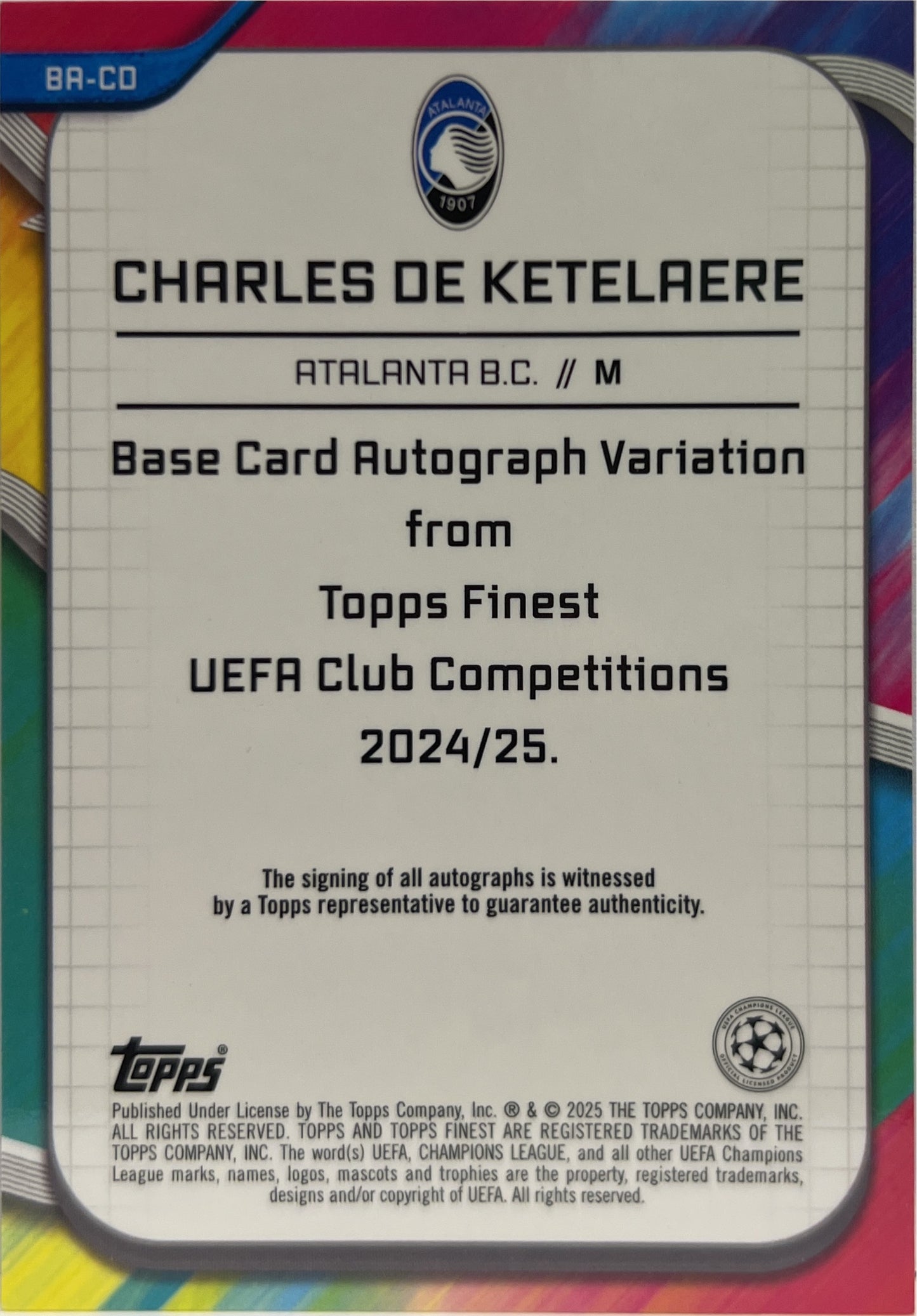Charles De Ketelaere 227/299 Autograph Purple Topps Finest UCC 2024/25