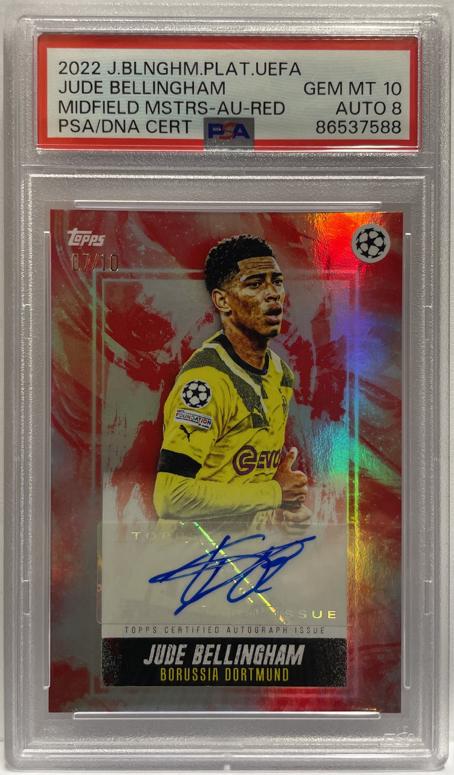 Jude Bellingham 7/10 Autograph Midfield Maestros Red Topps Jude Bellingham Platinum Curated Set 2022 PSA 8 Auto 10
