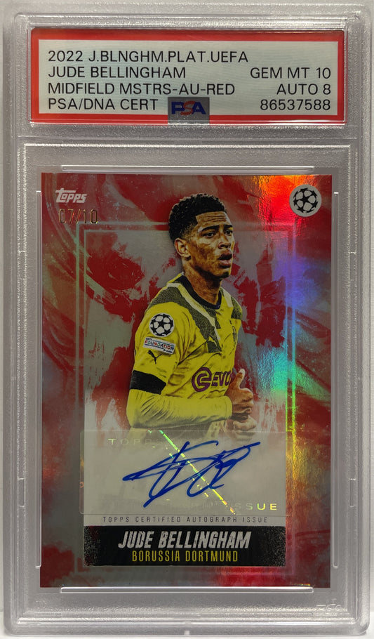 Jude Bellingham 7/10 Autograph Midfield Maestros Red Topps Jude Bellingham Platinum Curated Set 2022 PSA 8 Auto 10