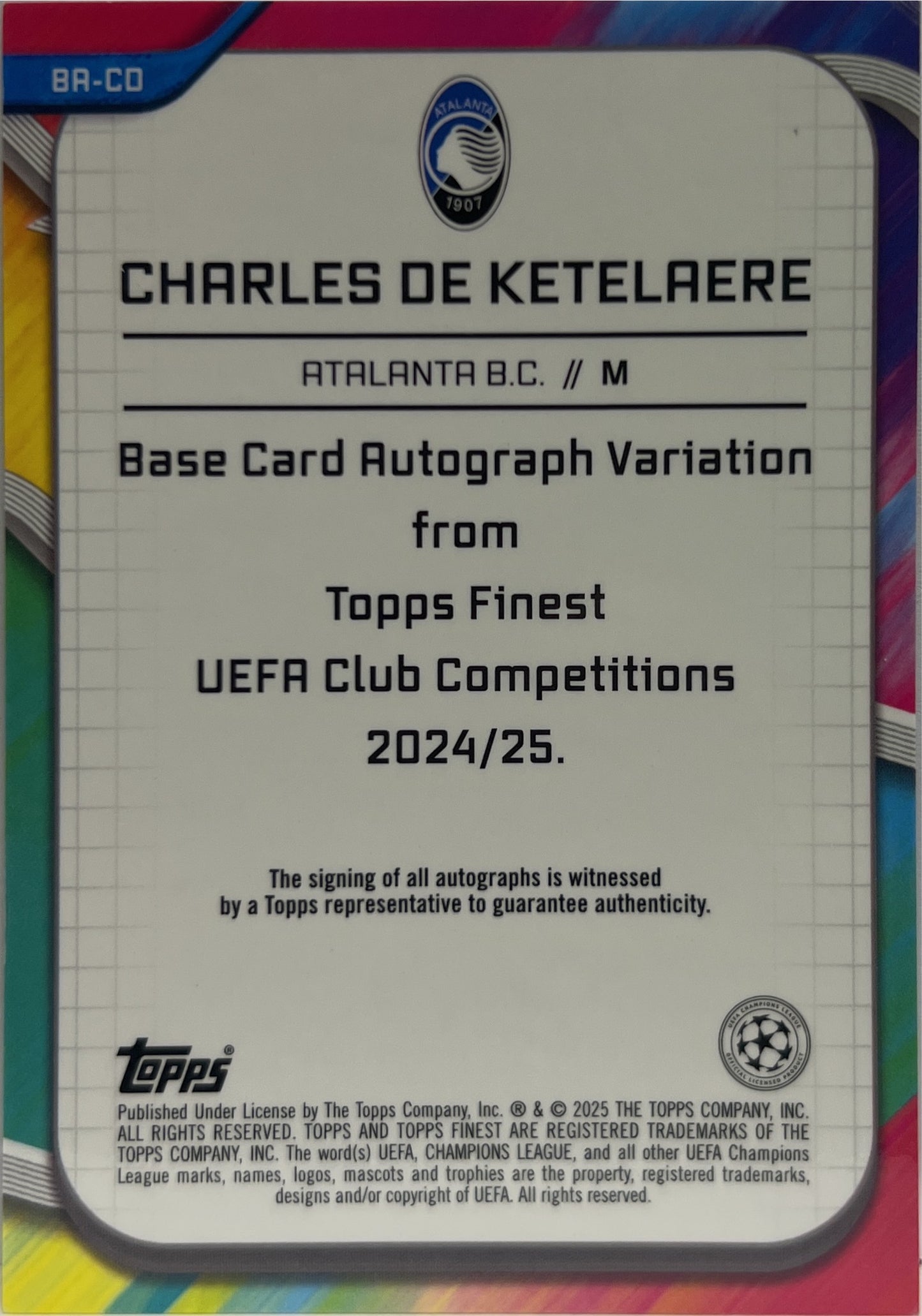 Charles De Ketelaere 79/299 Autograph Purple Topps Finest UCC 2024/25