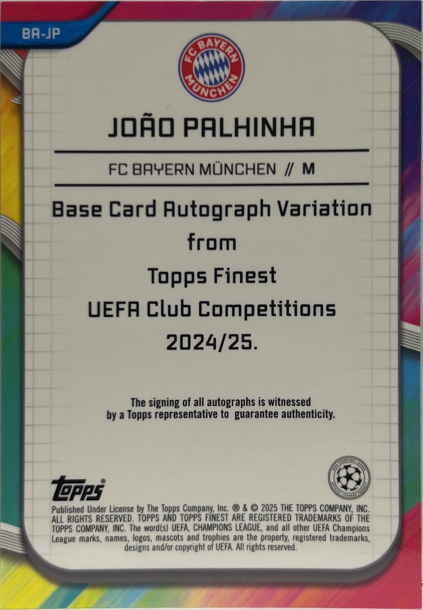 Joao Palhinha 45/299 Autograph Purple Topps Finest UCC 2024/25