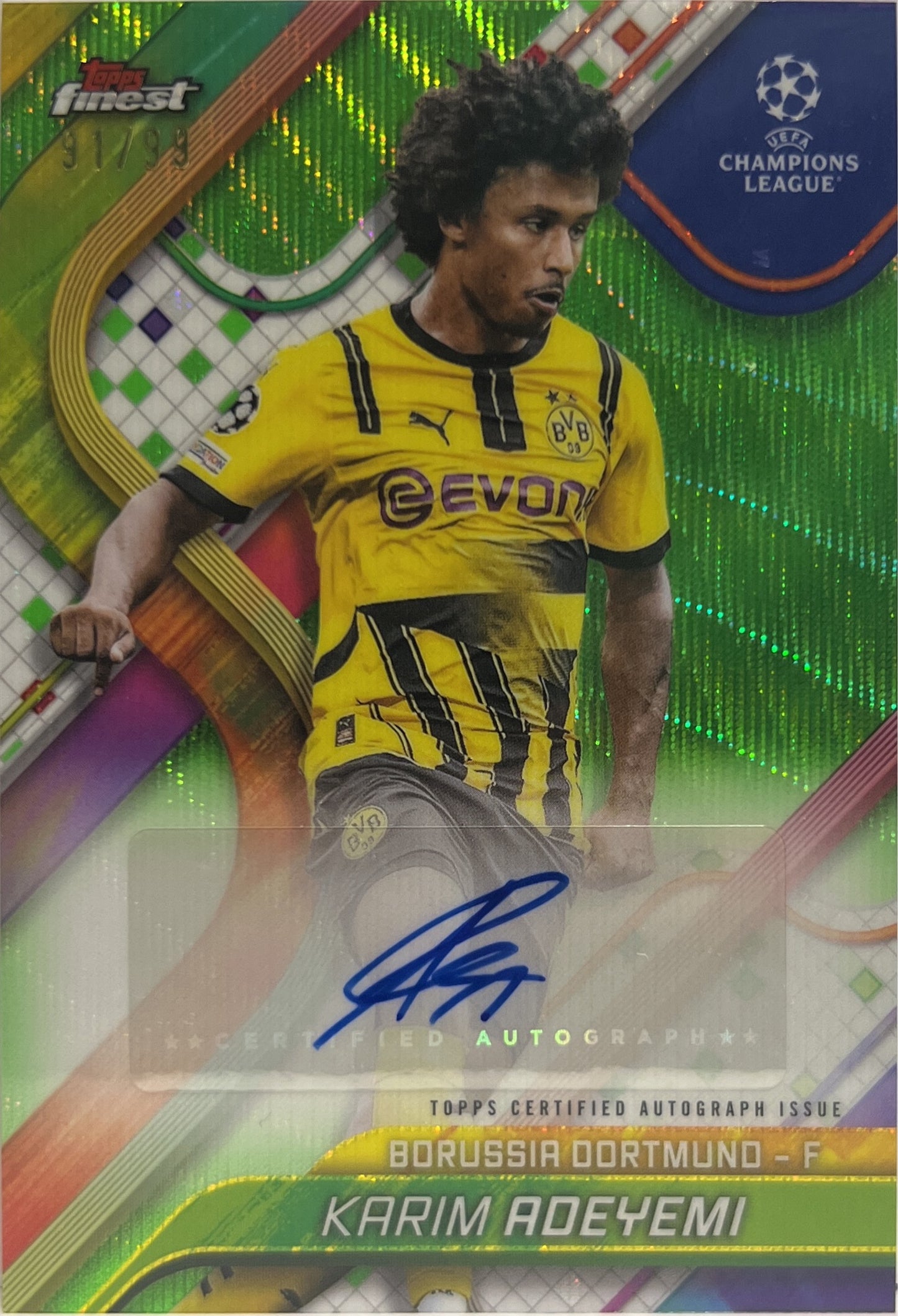 Karim Adeyemi 91/99 Autograph Neon Green Wave Topps Finest UCC 2024/25