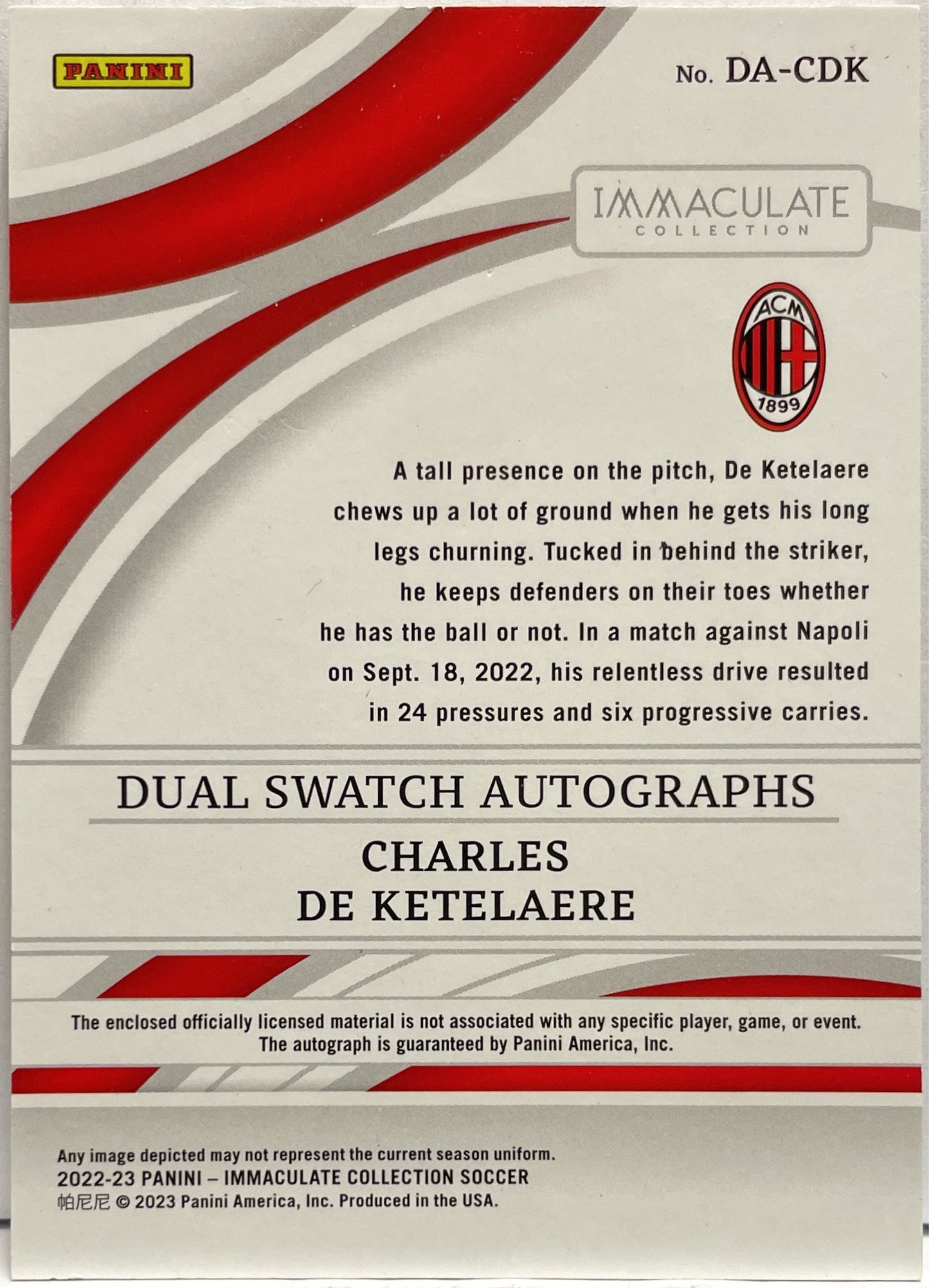 Charles De Ketelaere 1/1 Patch Autograph Panini Immaculate 2022/23