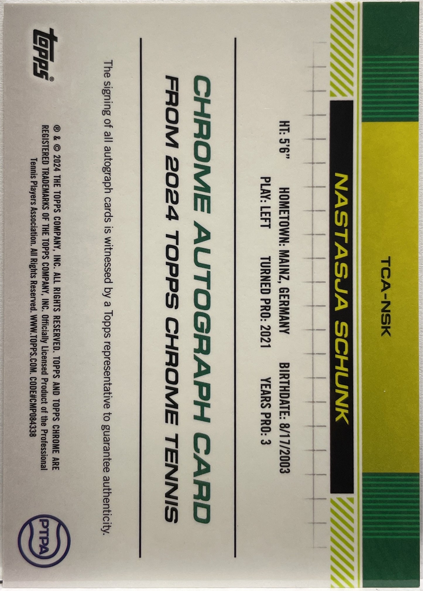 Nastaja Schunk Rookie Autograph Topps Chrome Tennis 2024