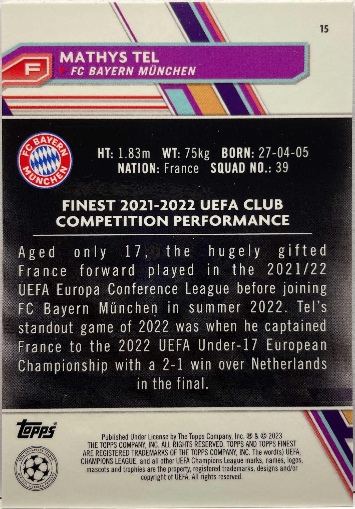 Mathys Tel 230/299 purple Topps Finest UCC 2022/23