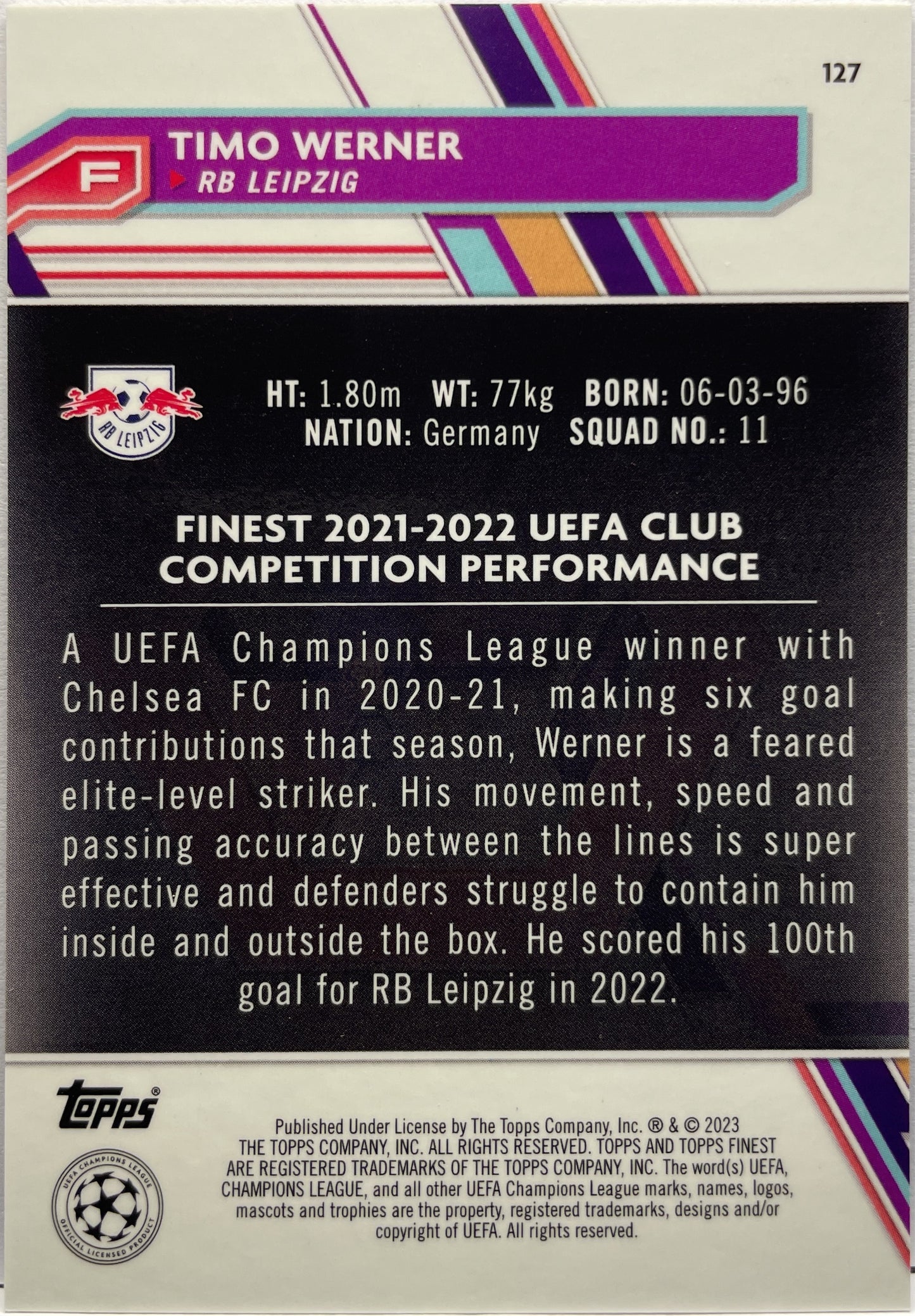 Timo Werner 15/275 Sky Blue Topps Finest UCC 2022/23