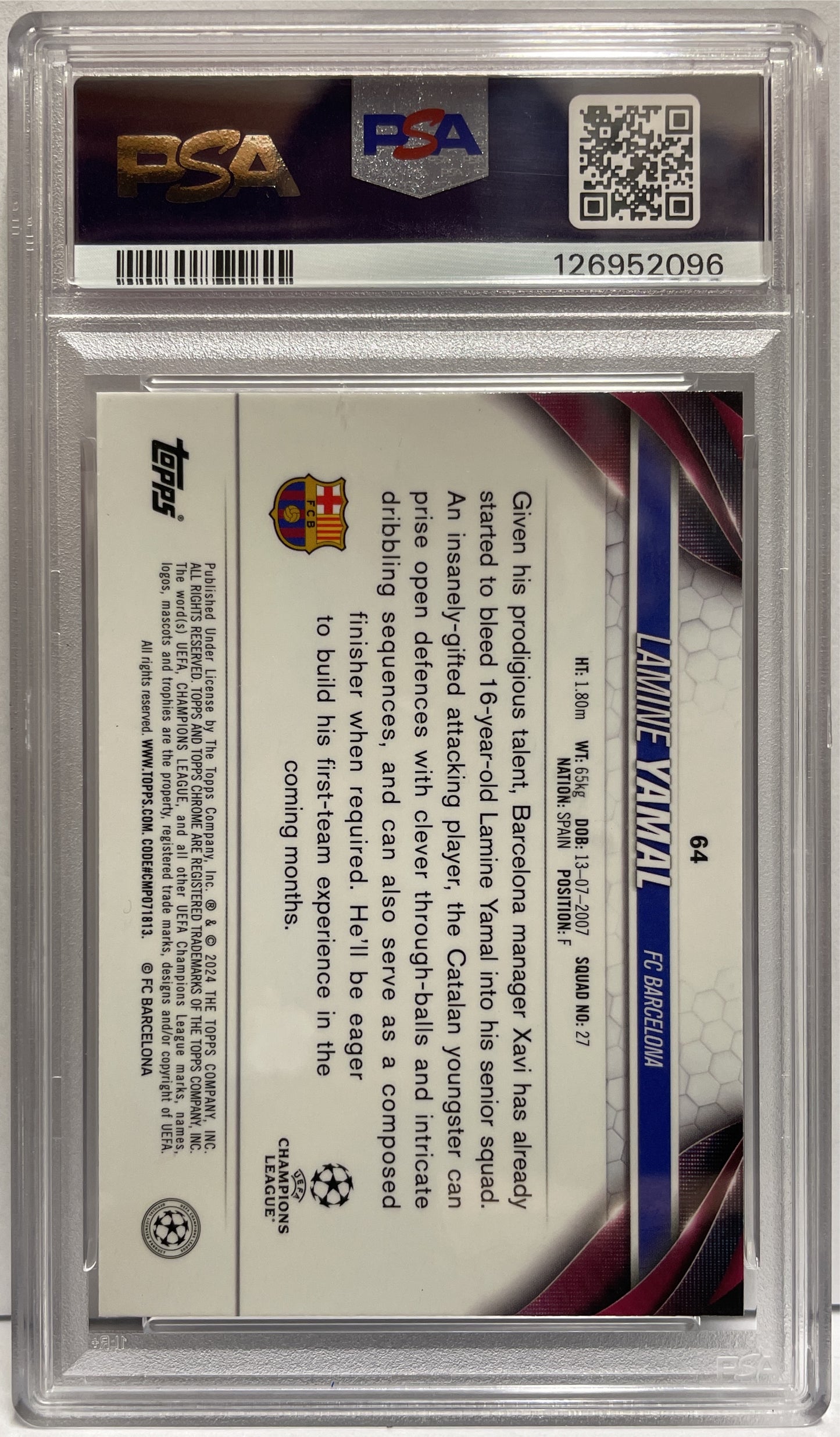 Lamine Yamal 13/25 Rookie Orange Topps Chrome UCC 2023/24 PSA 9