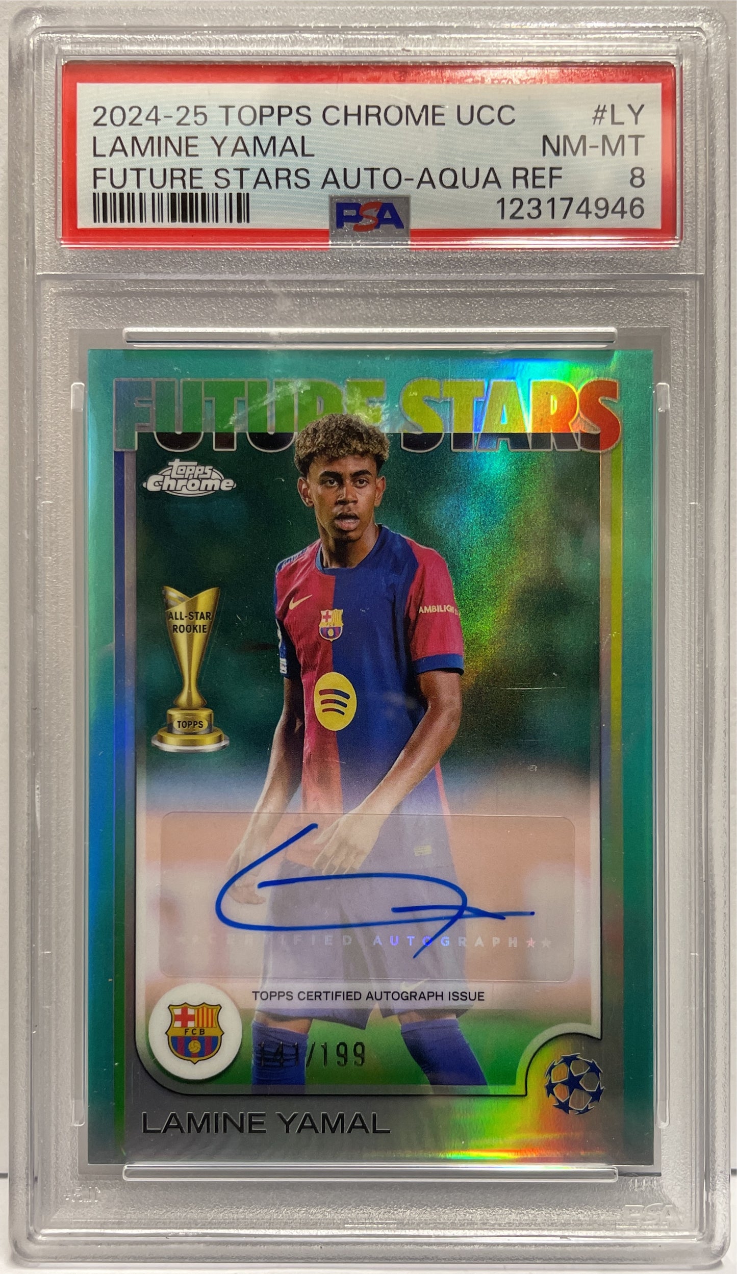 Lamine Yamal 141/199 Autograph Future Stars Aqua Topps Chrome UCC 2024/25 PSA 8