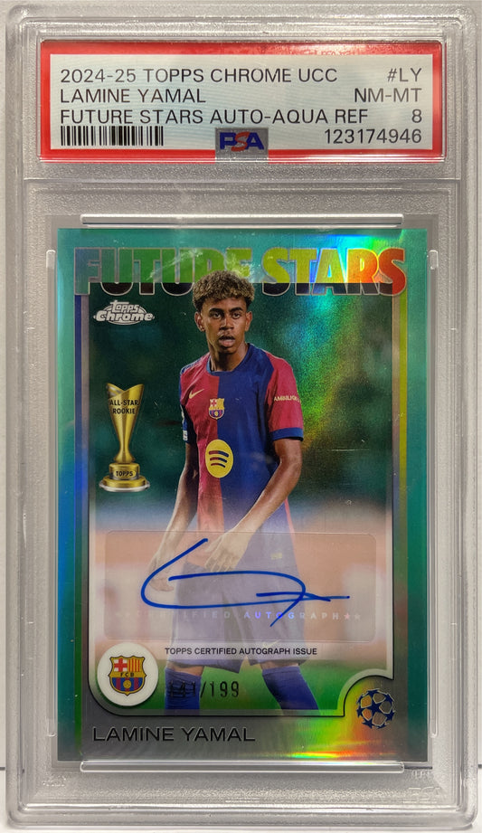 Lamine Yamal 141/199 Autograph Future Stars Aqua Topps Chrome UCC 2024/25 PSA 8