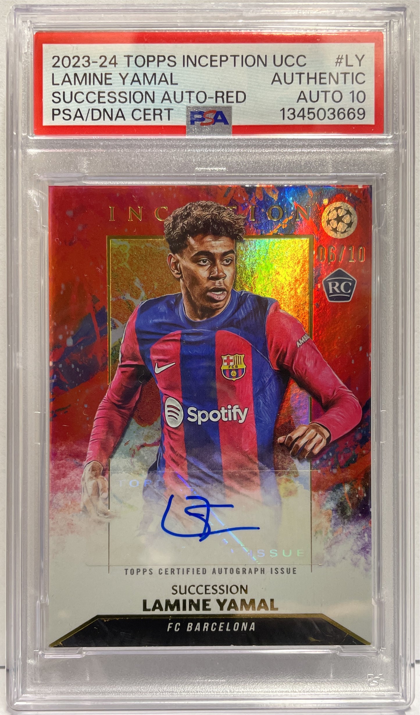 Lamine Yamal 6/10 Rookie Autograph Succession Red Topps Inception 2023/24 PSA Authentic Auto 10