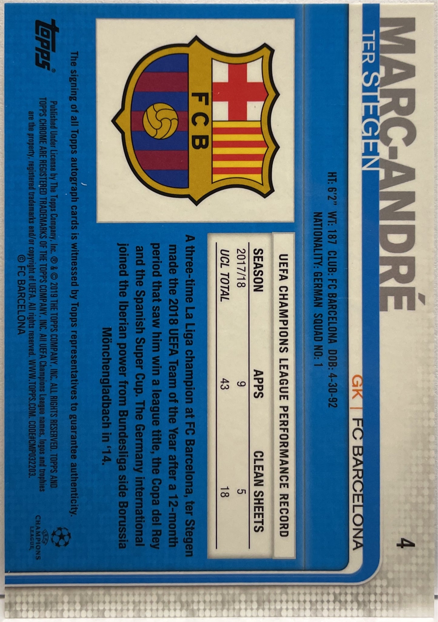 Marc Andre Ter Stegen Autograph Topps Chrome UCL 2018/19