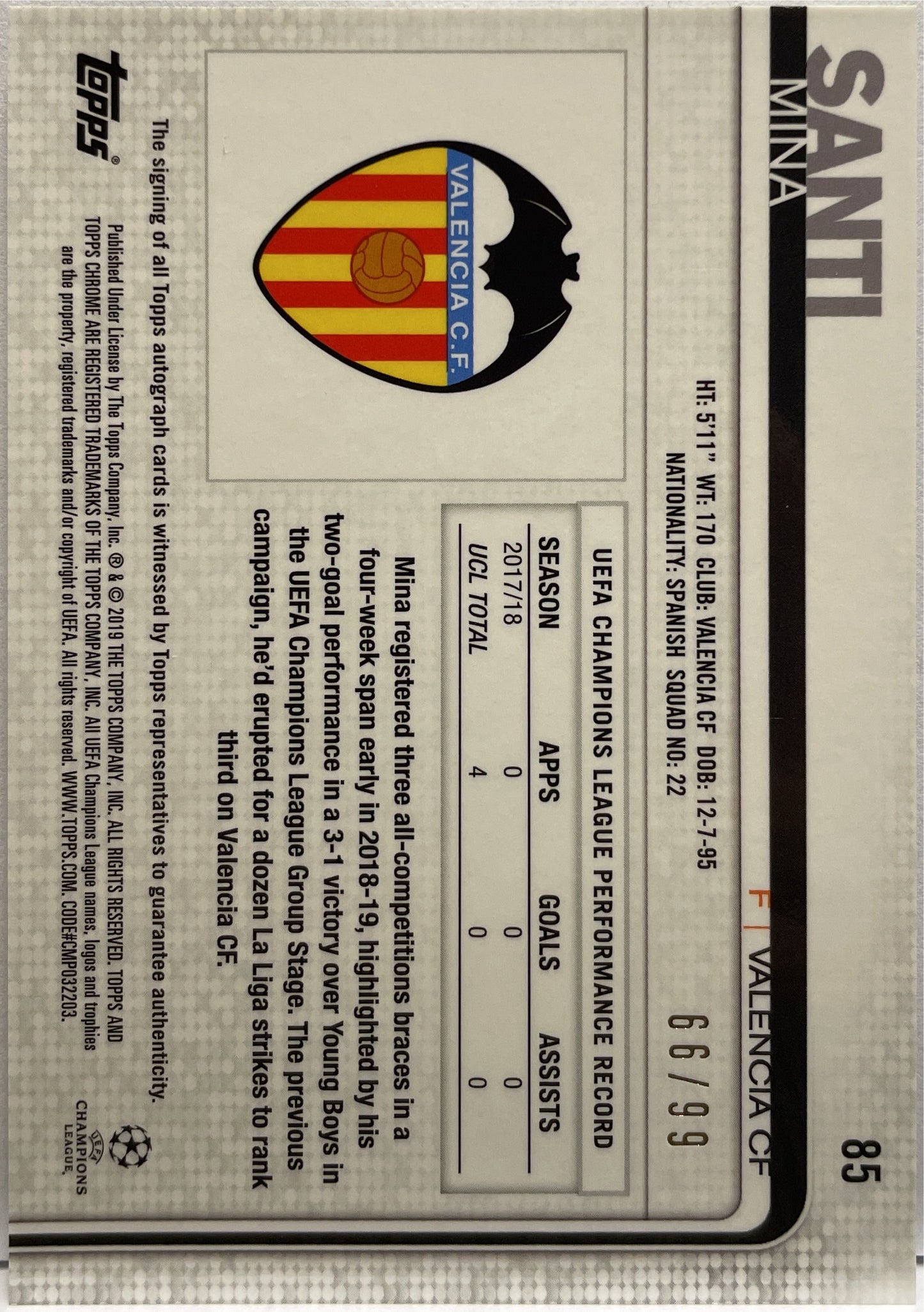 Santi Mina 66/99 Autograph Green Topps Chrome UCL 2018/19