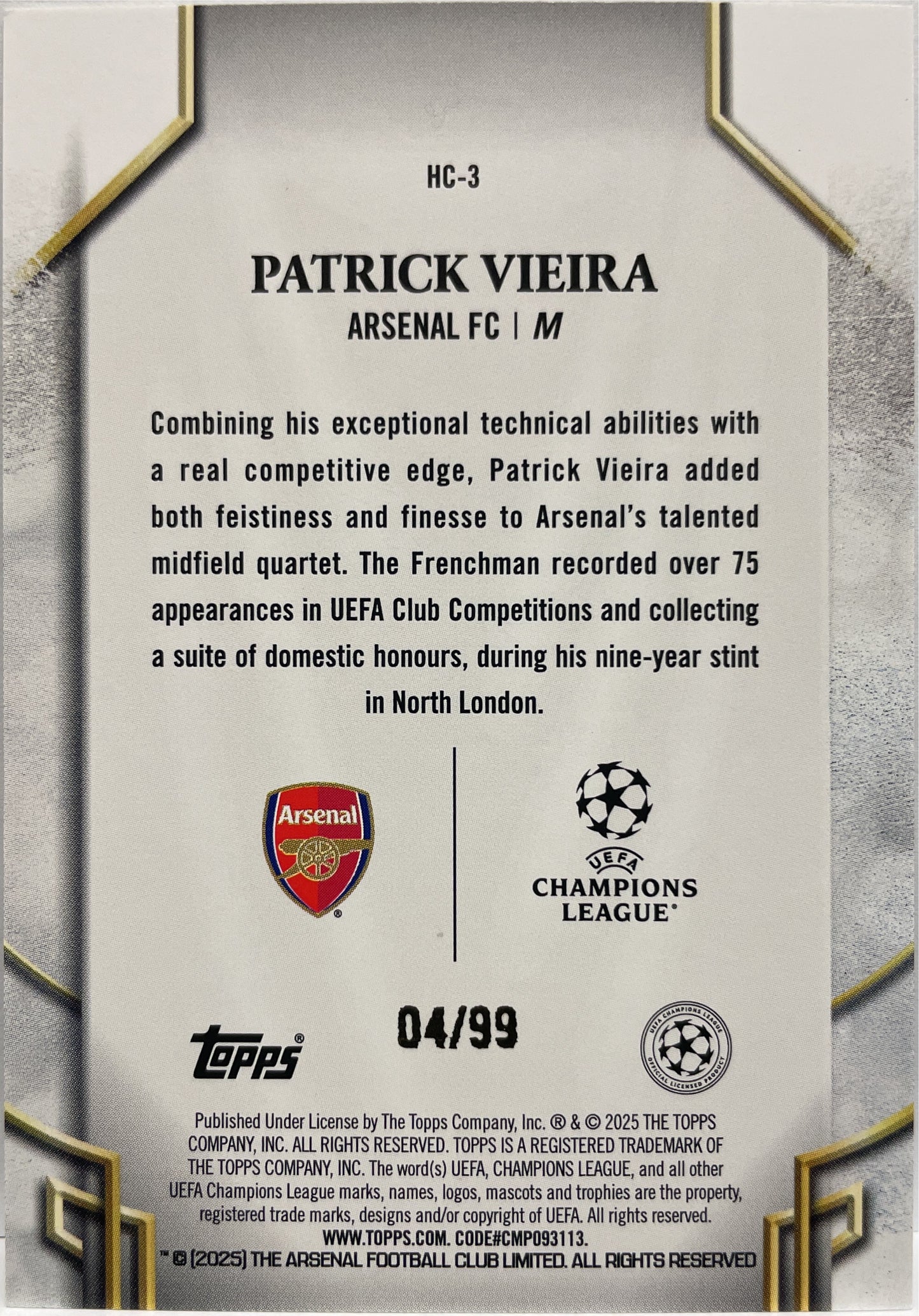 Patrick Vieira 4/99 Historic Captains Green Topps UCC 2024/25