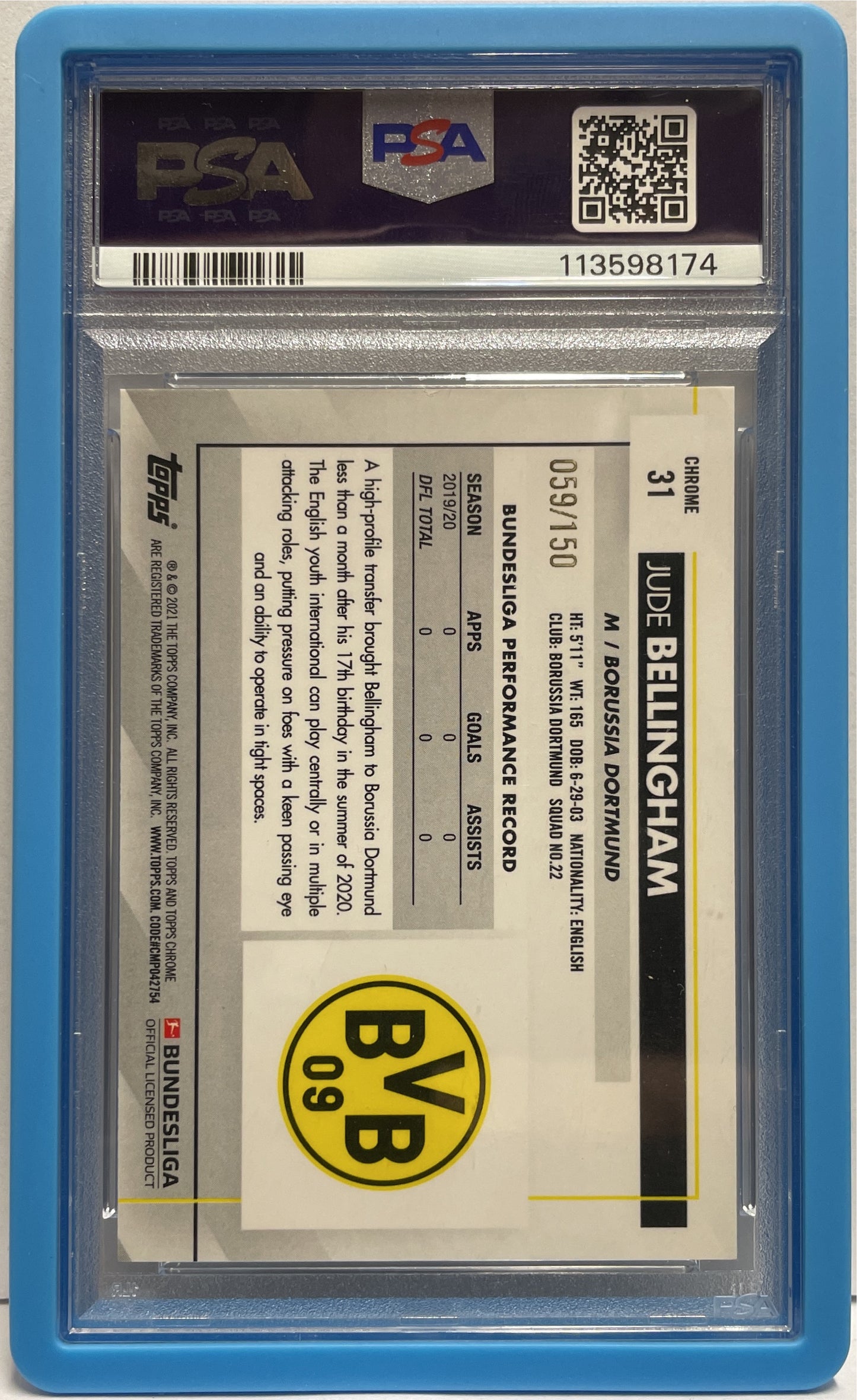 Jude Bellingham 59/150 Rookie Blue Wave Topps Chrome Bundesliga 2020/21 PSA 10