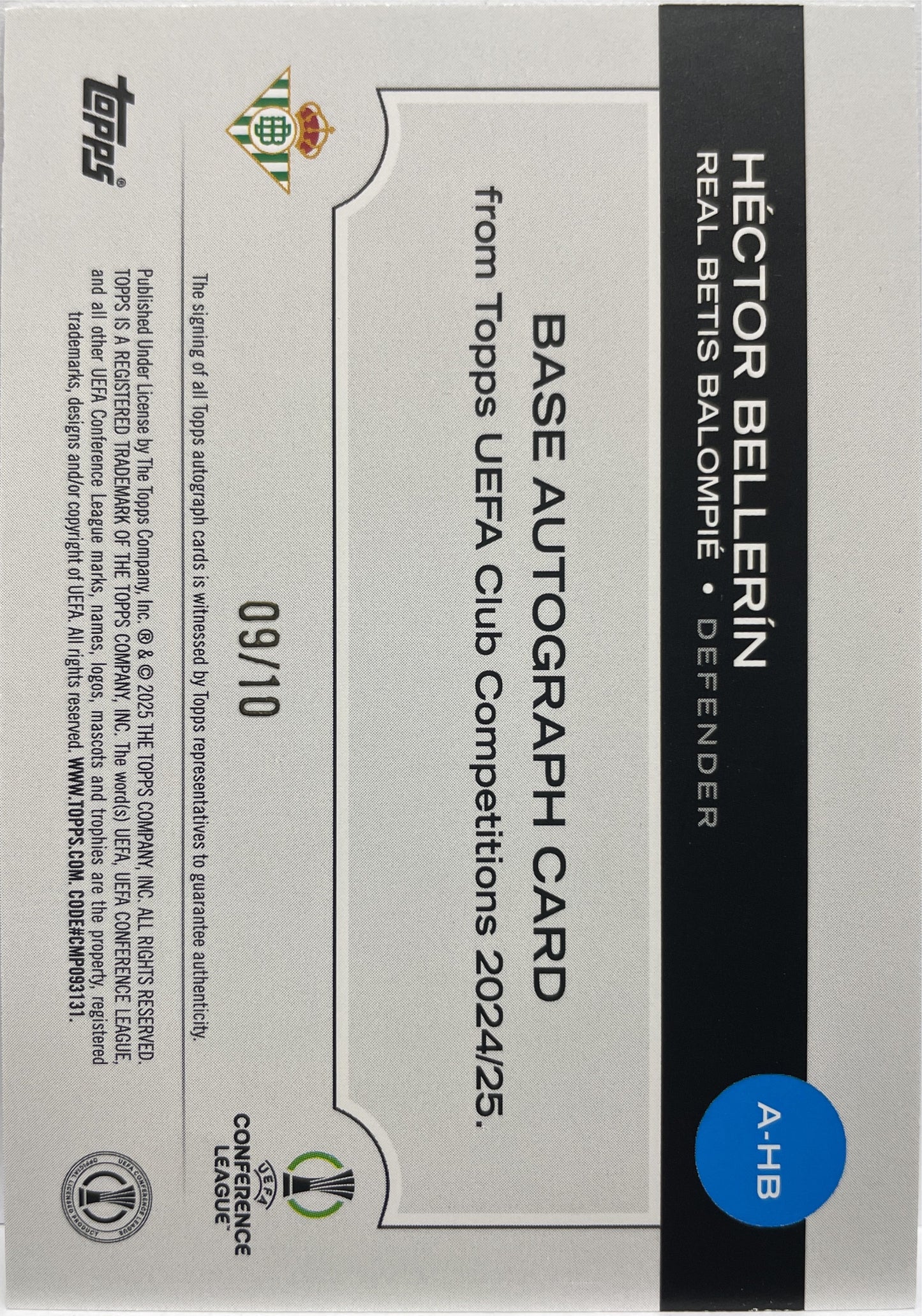 Hector Bellerin 9/10 Autograph Black Icy Topps UCC 2024/25