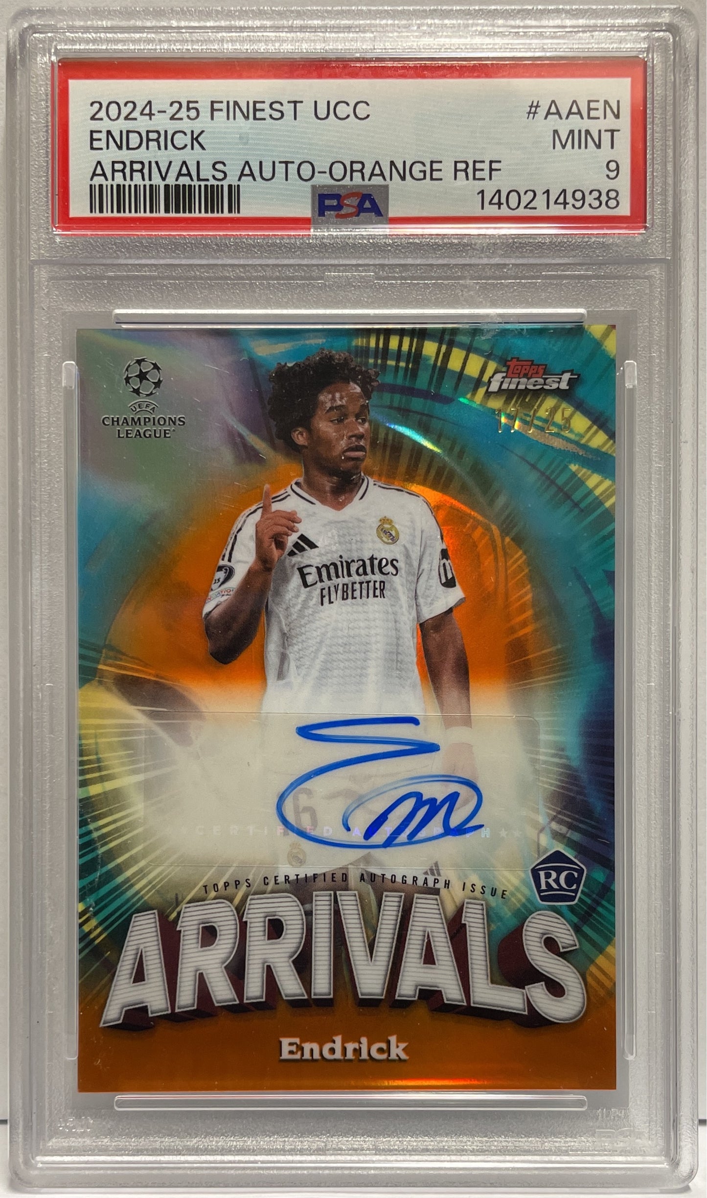 Endrick 17/25 Rookie Autograph Arrivals Orange Topps Finest UCC 2023/25 PSA 9