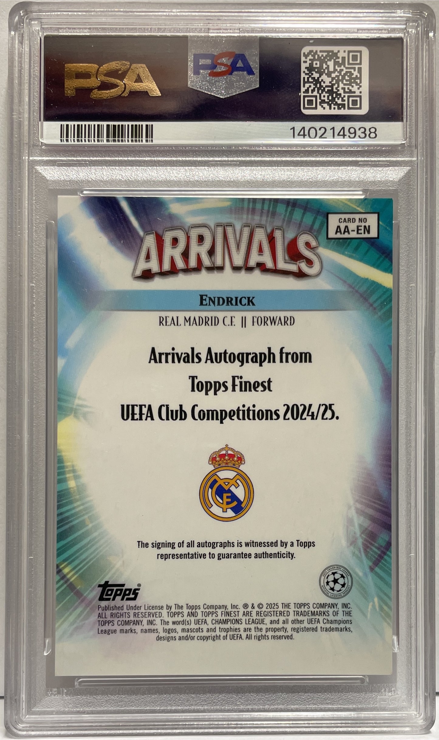 Endrick 17/25 Rookie Autograph Arrivals Orange Topps Finest UCC 2023/25 PSA 9