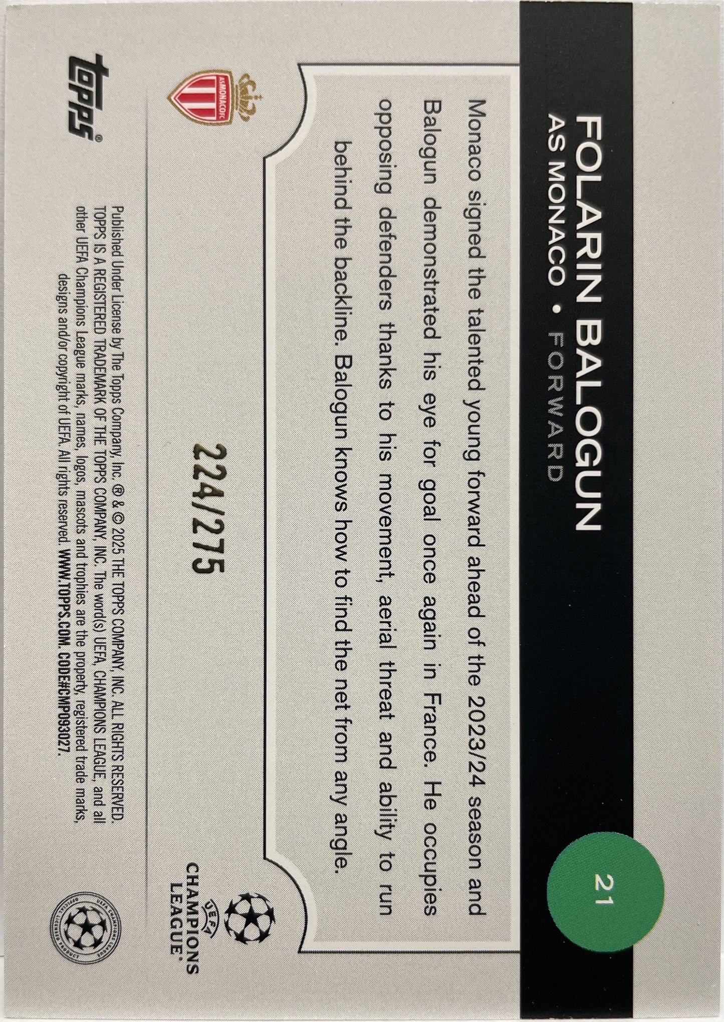 Folarin Balogun 224/275 Topps UCC 2024/25