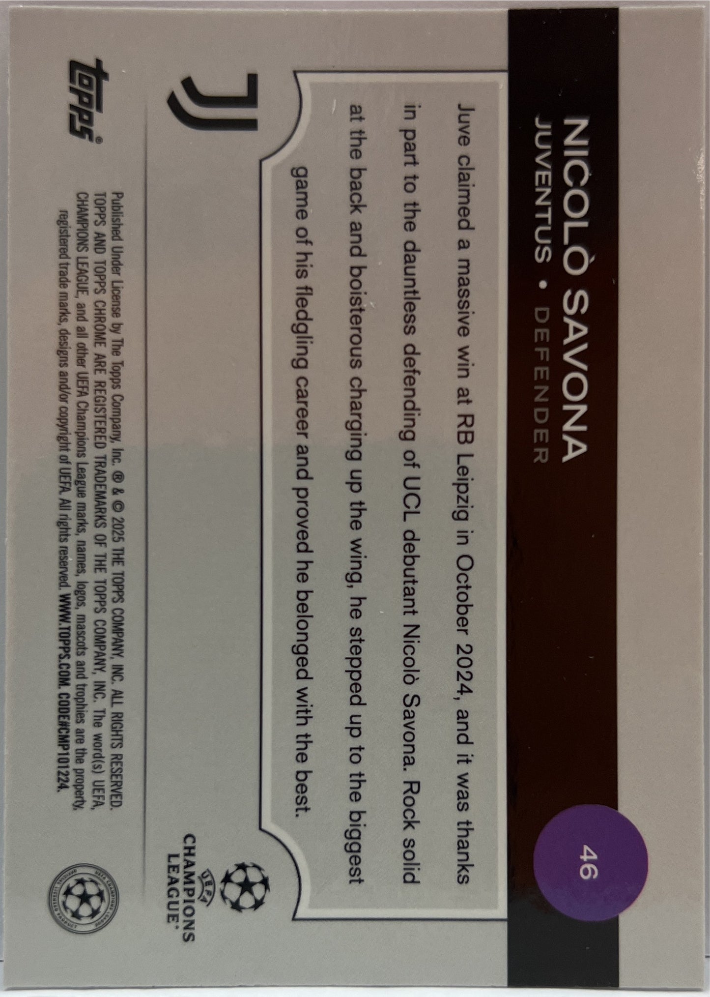 Nicolo Savona 104/199 Rookie Aqua Lava Topps Chrome UCC 2024/25