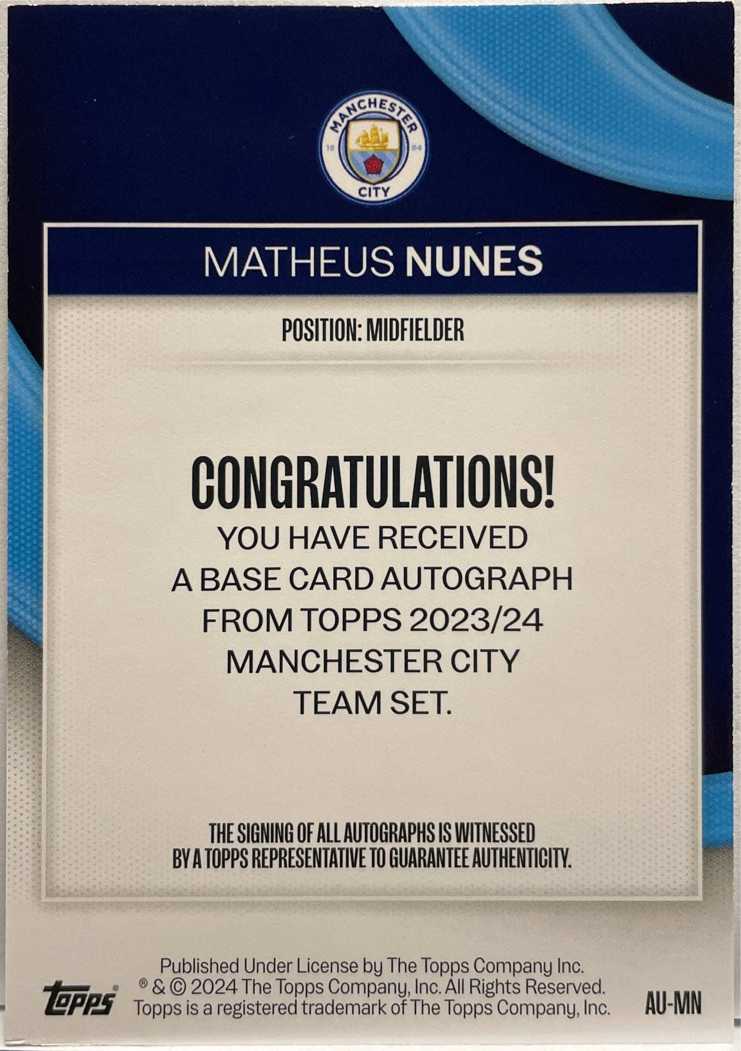 Matheus Nunes Autograph Topps Manchester City Team Set 2023/24