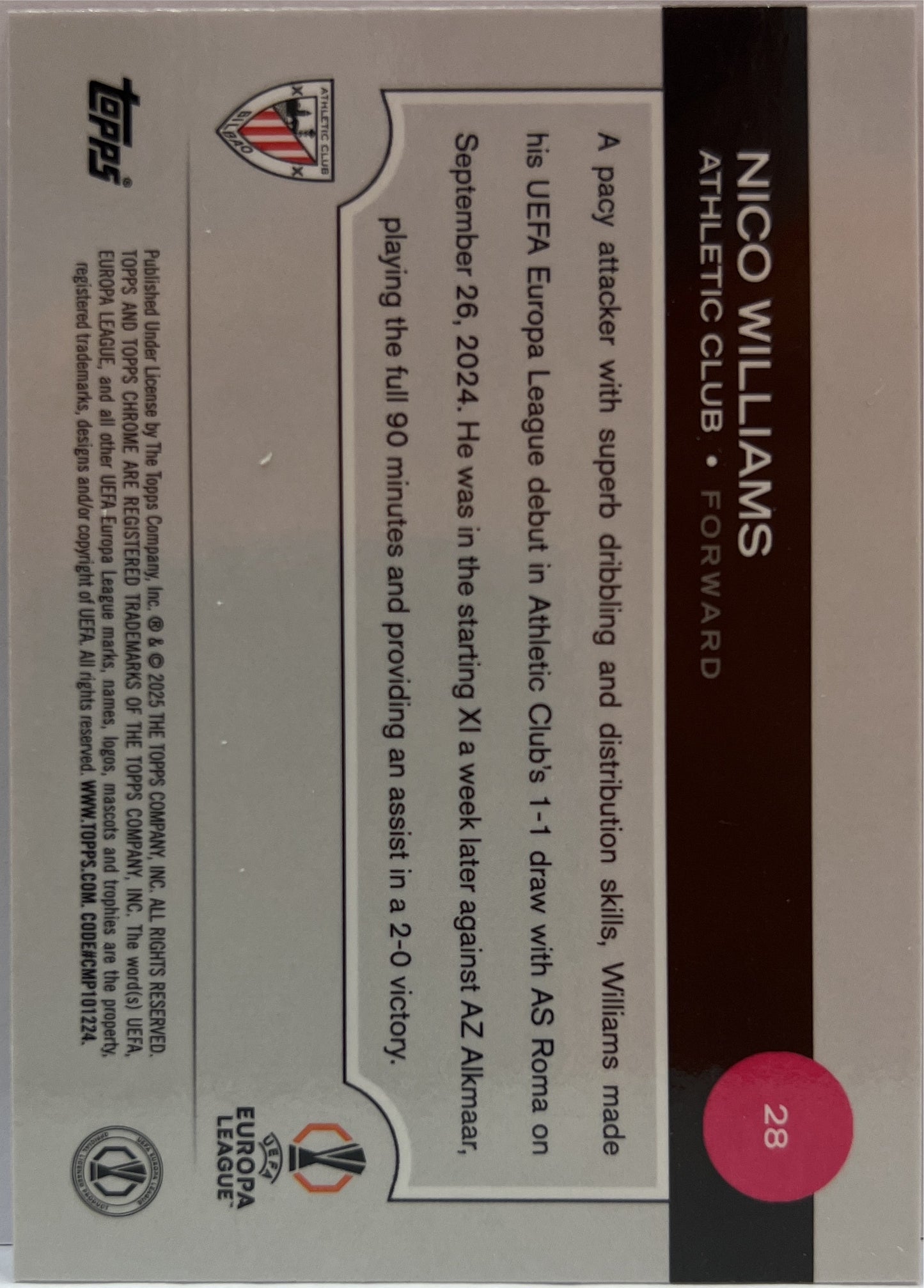 Nico Williams 196/299 Violet Topps Chrome UCC 2024/25