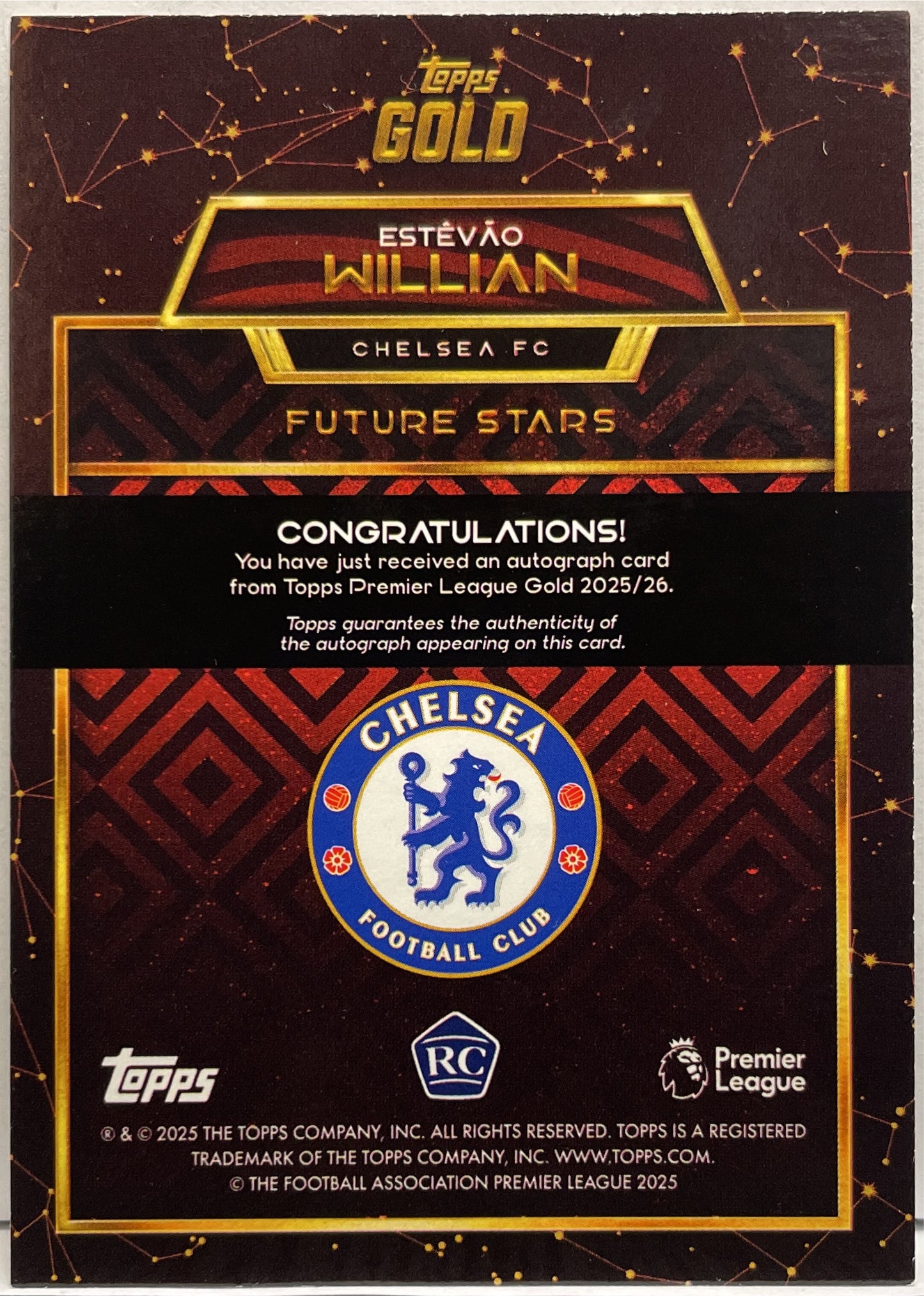 Estevao Willian 2/5 Rookie Autograph Future Stars Topps Gold EPL Premier League 2025/26