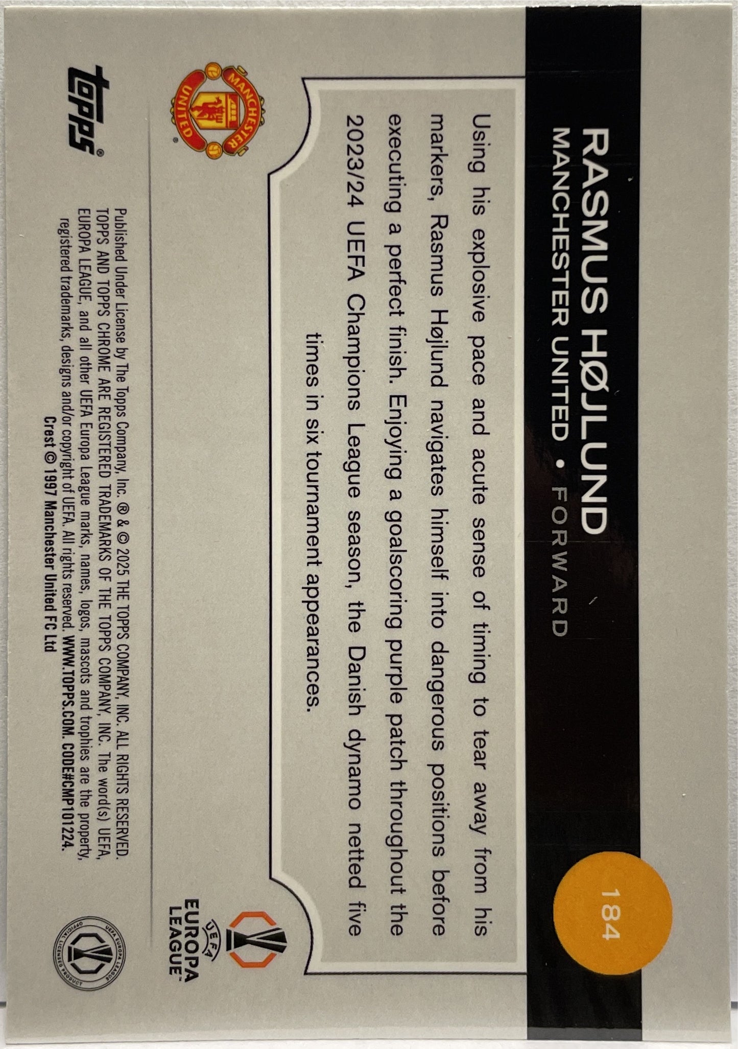 Rasmus Hojlund 70/199 Aqua Topps Chrome UCC 2024/25