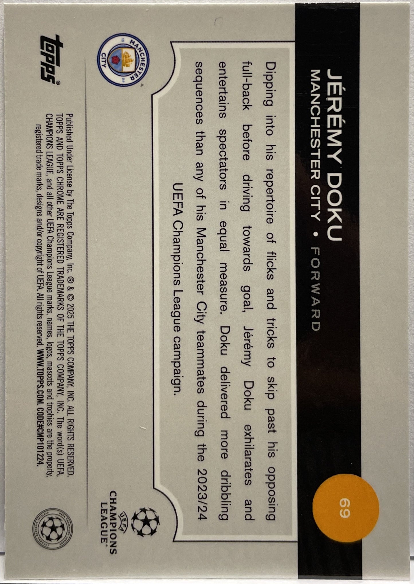 Jeremy Doku 40/150 Blue Topps Chrome UCC 2024/25