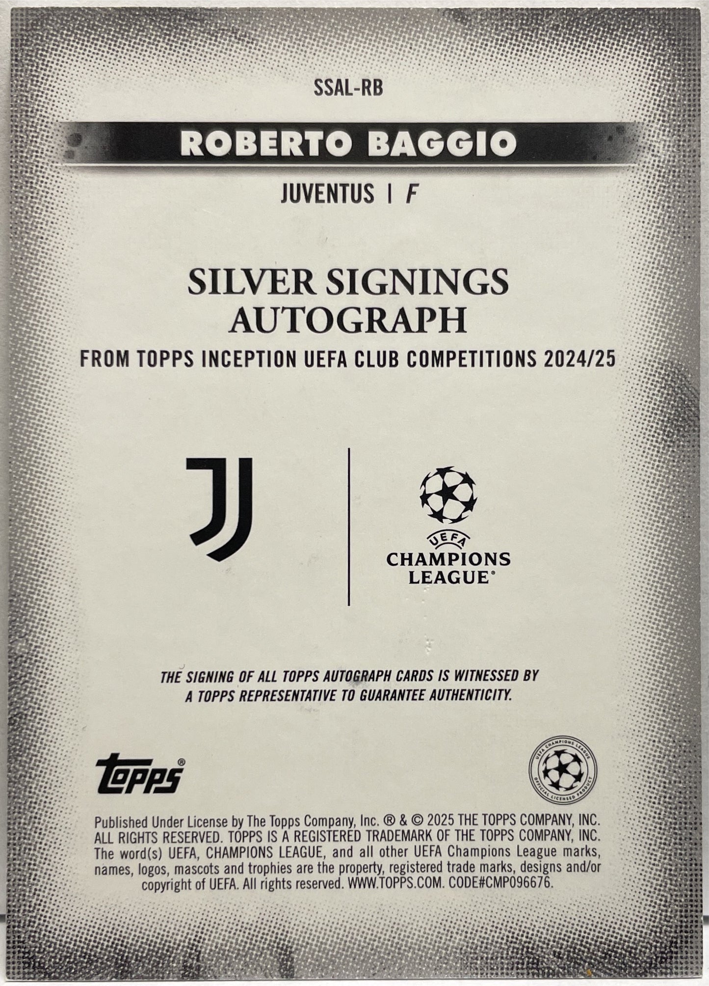 Roberto Baggio Autograph On Card Silver Signing Legends Topps Inception 2024/25