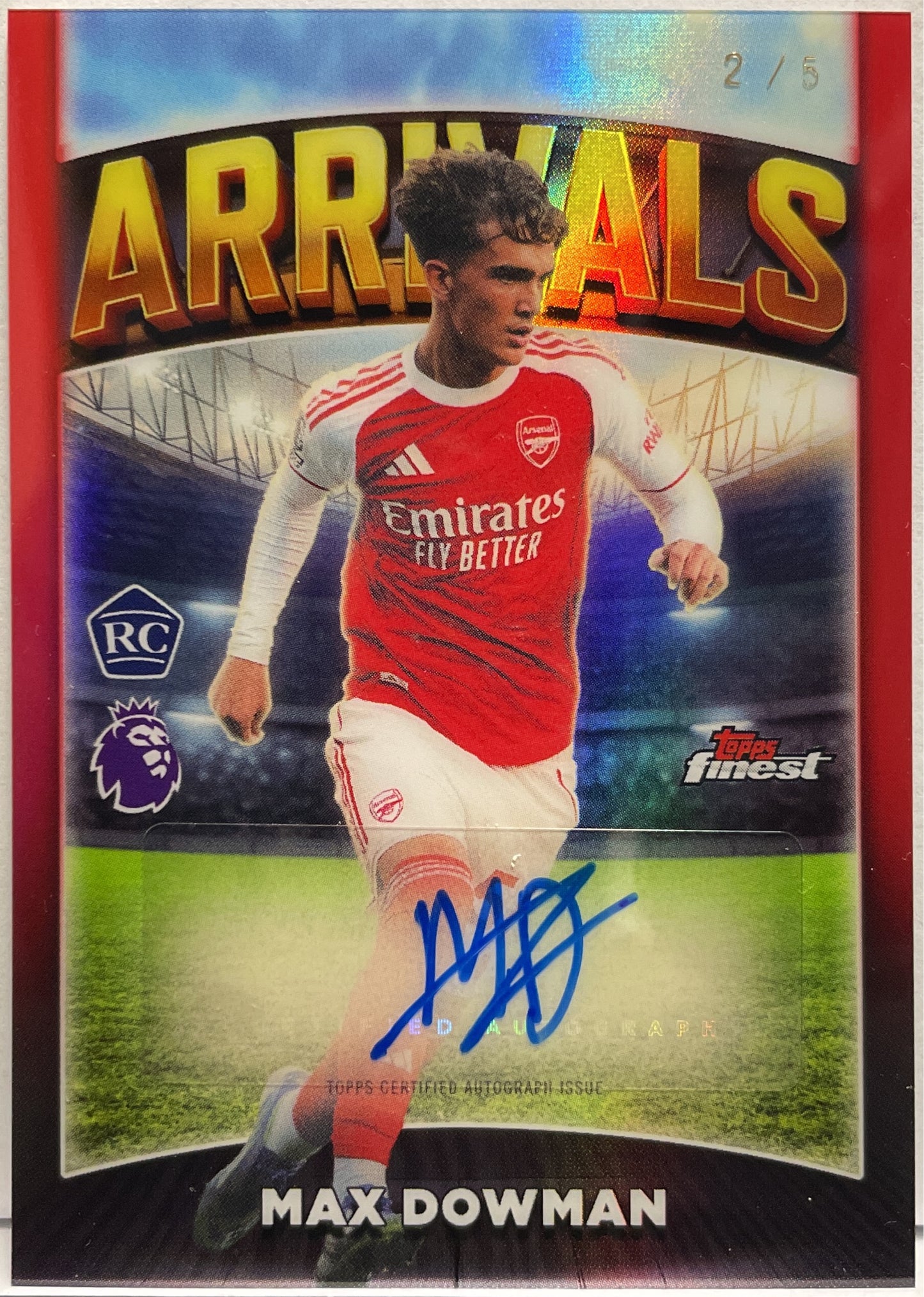 Max Dowman 2/5 Rookie Autograph Arrivals Red Topps Finest Premier League EPL 2025/26